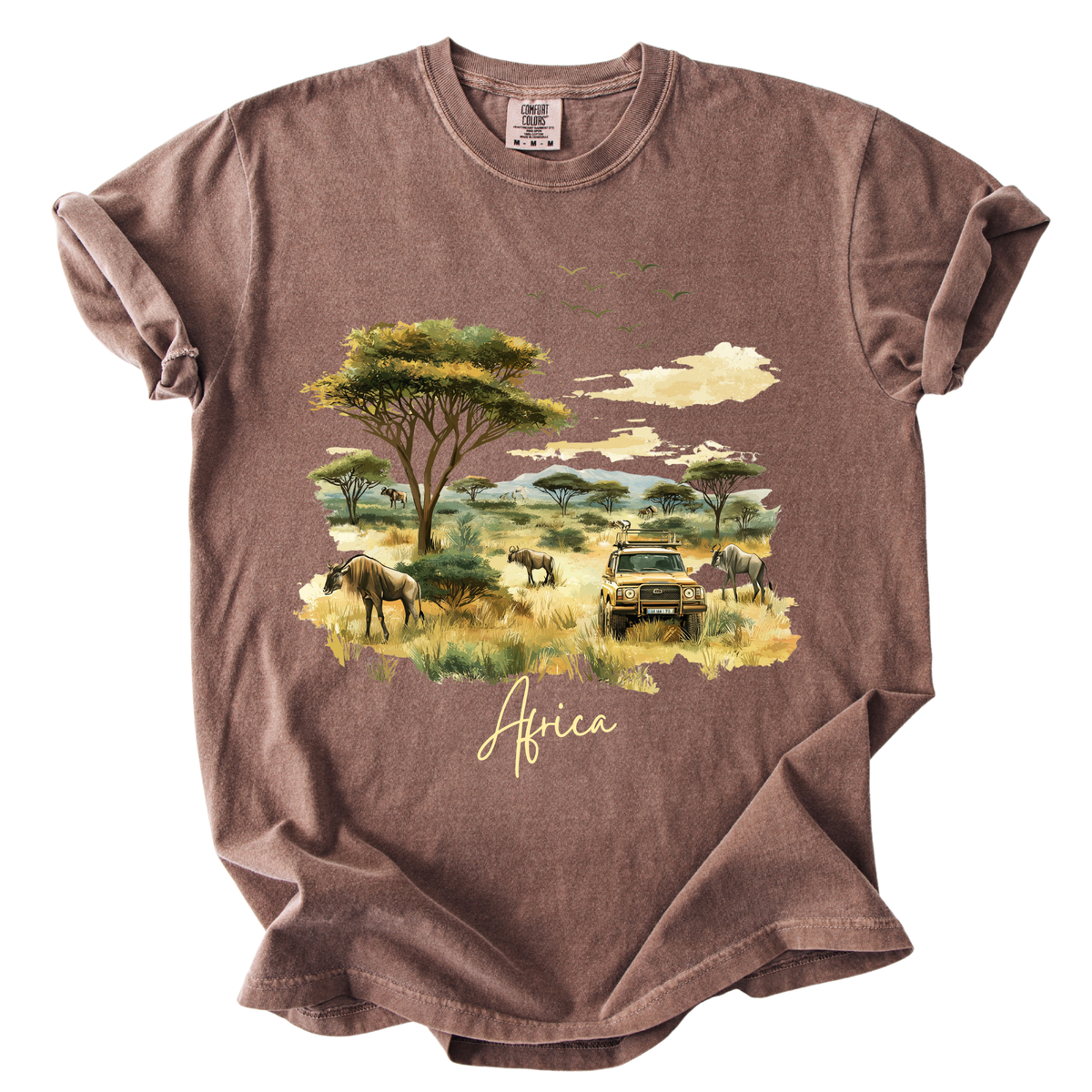 Africa Safari Scene T-Shirt — Watercolor Wildlife Jeep Design