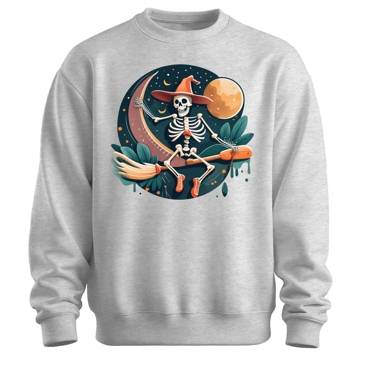 Gray halloween sweatshirt with a skeleton on a broomstick wearing a witch hat in the night time.