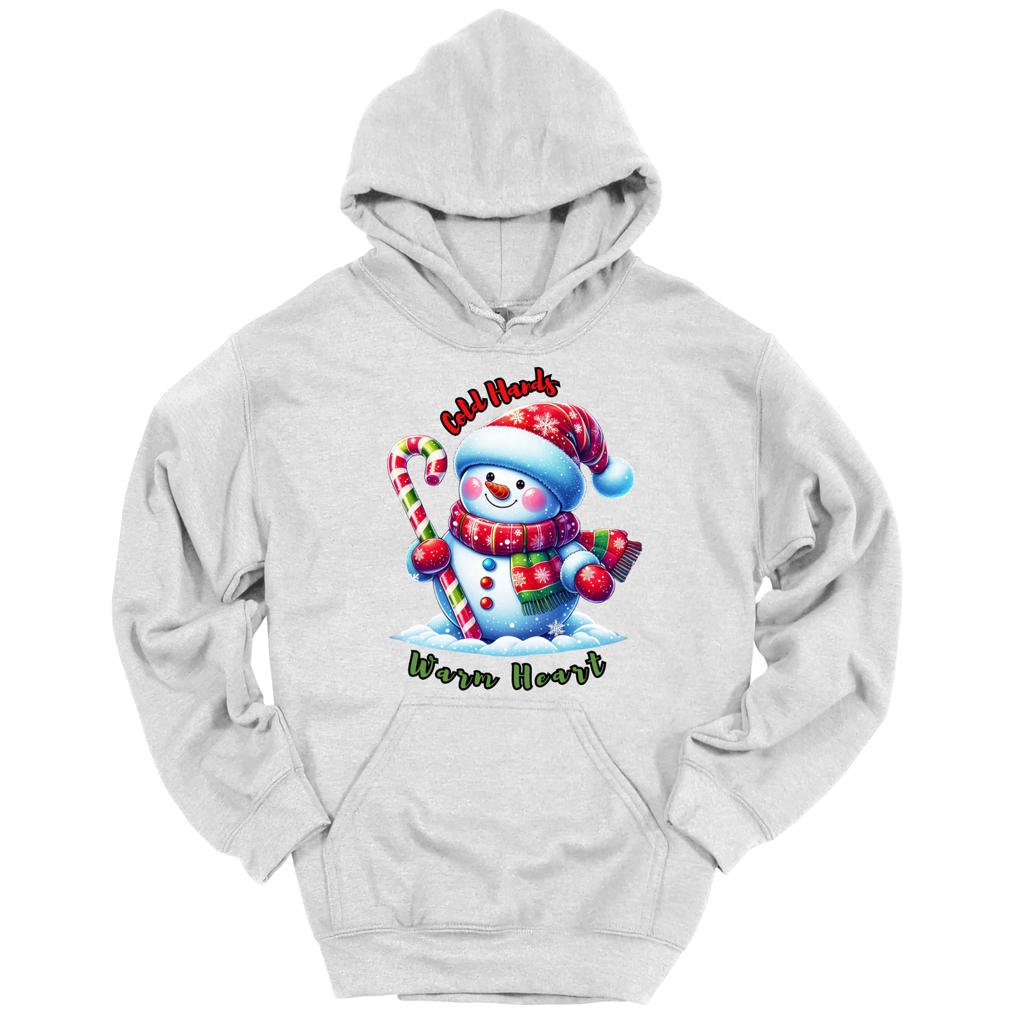 Gray Christmas hoodie with a snowman graphic with a text "Cold Hands Warm Hearts"
