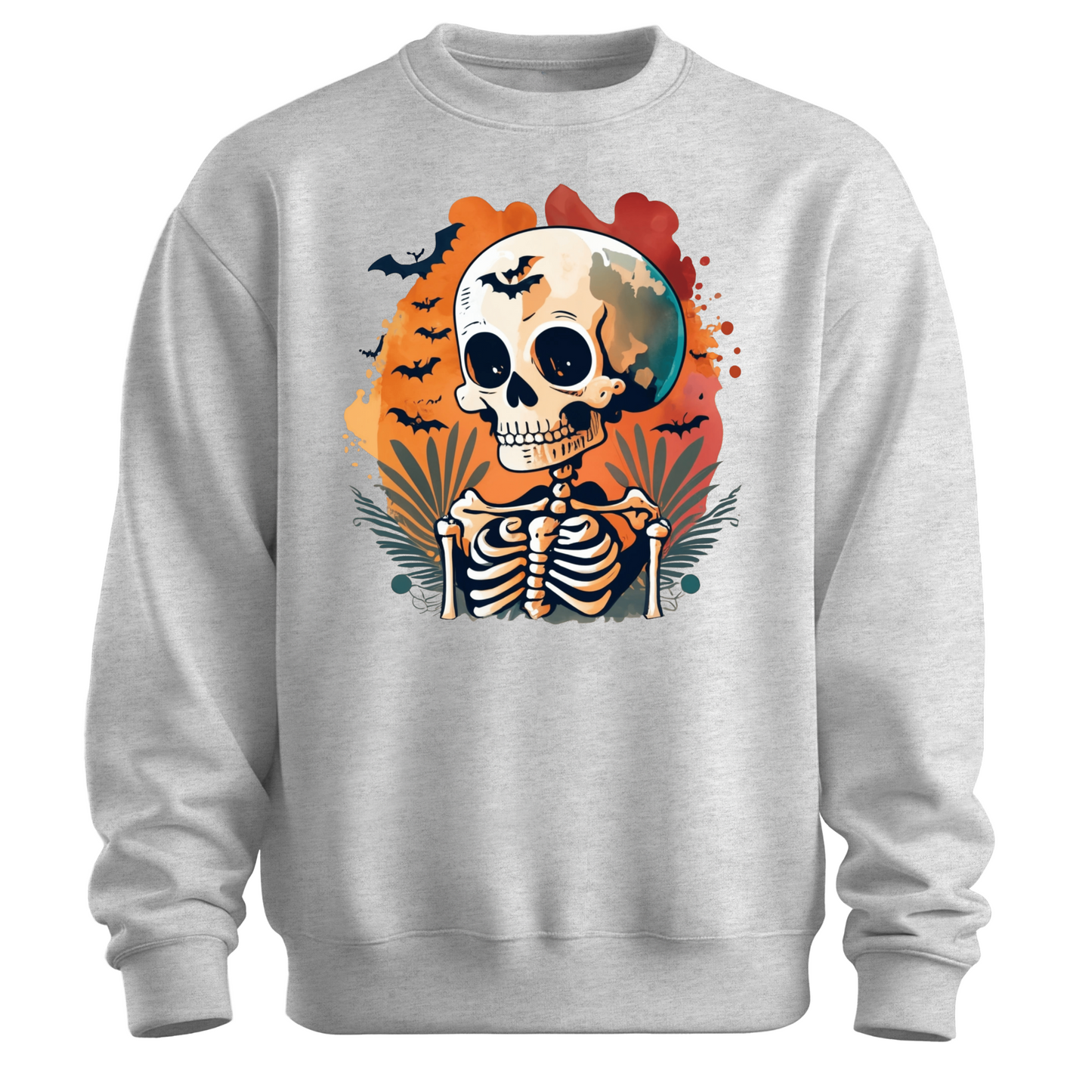 Gray sweatshirt with a Halloween-themed design featuring a skeleton and skull surrounded with bats.