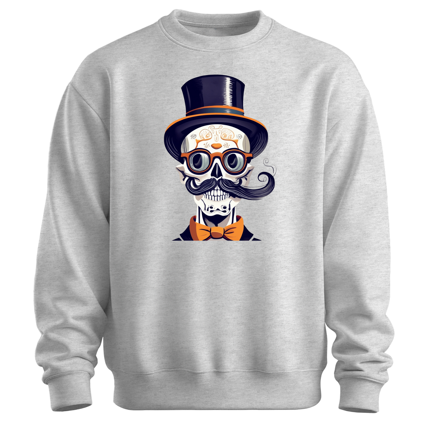 Gray halloween sweatshirt with a skull wearing a top hat, glasses and a bow tie.