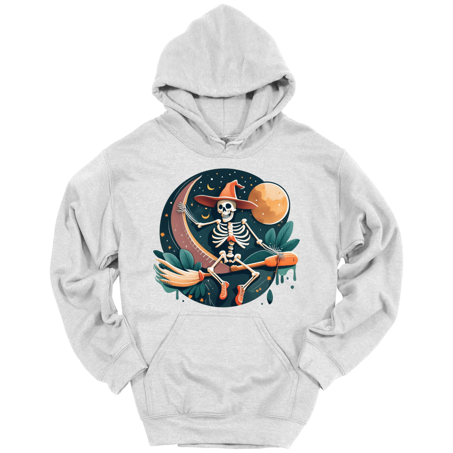 Gray halloween hoodie with a skeleton on a broomstick wearing a witch hat in the night time.