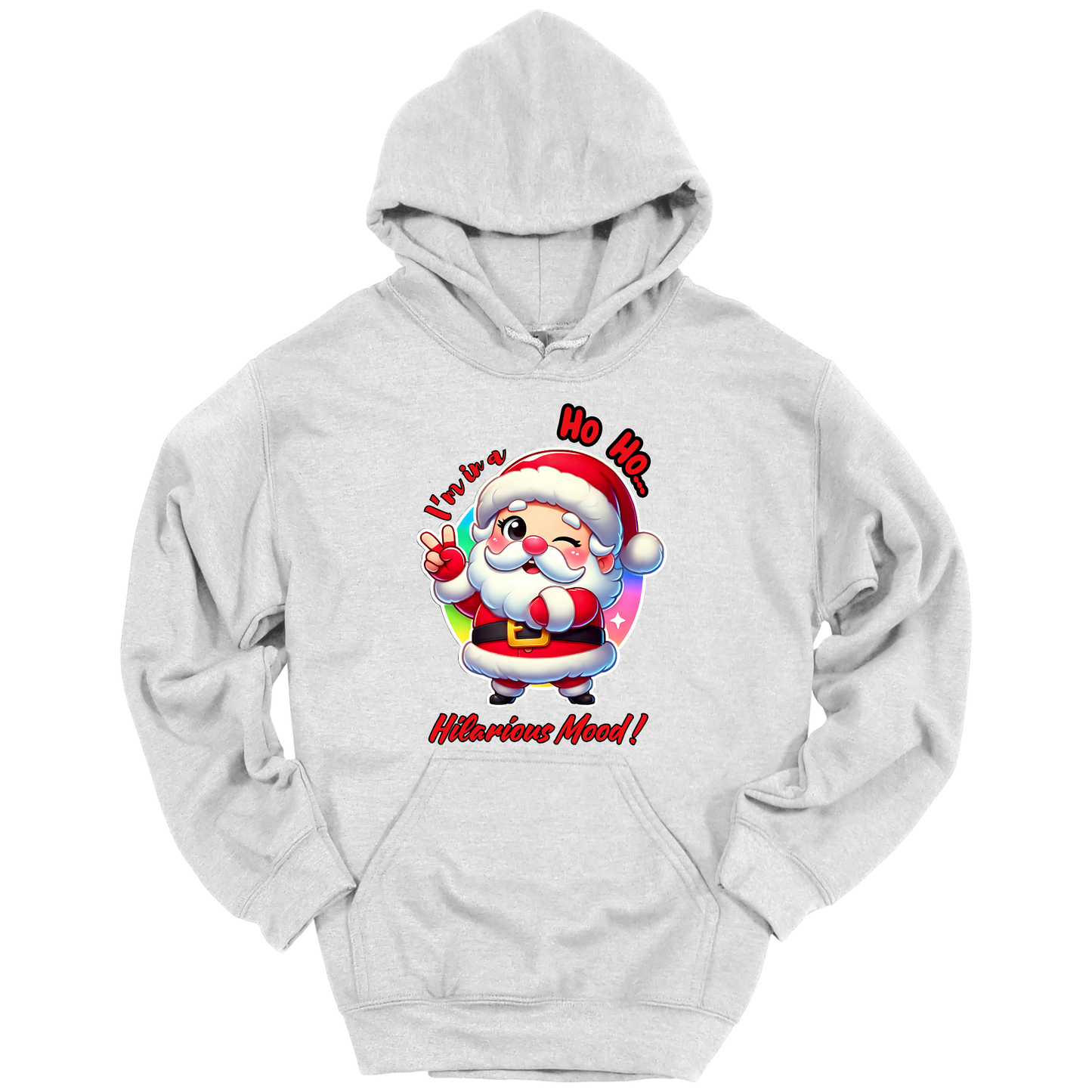 Gray Christmas hoodie with a cartoon Santa Claus design