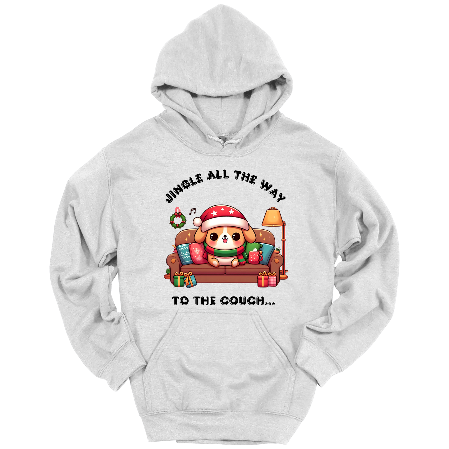 Light gray hoodie with Christmas-themed design of a dog on a couch and text 'Jingle all the way to the couch'.