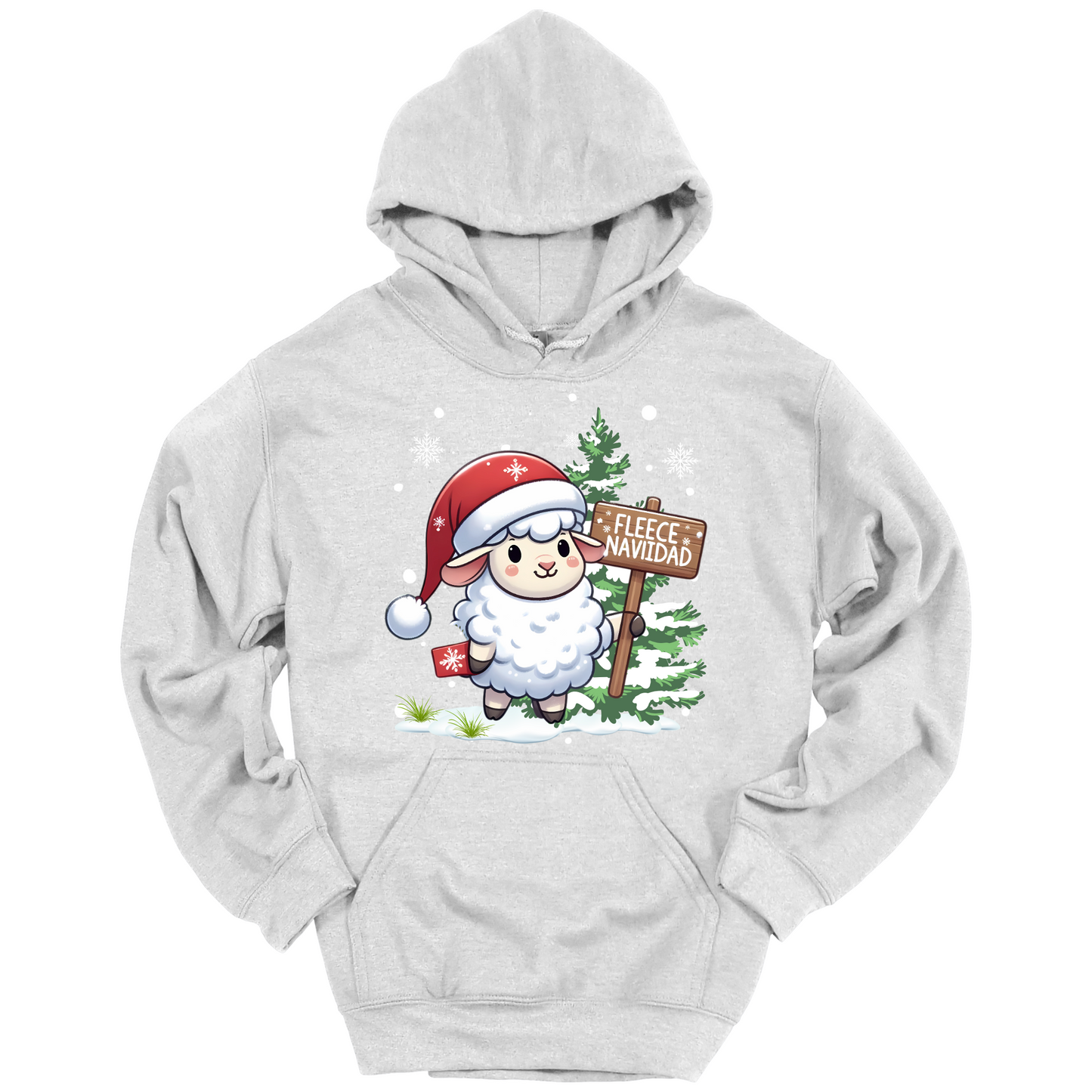 Gray Christmas hoodie with a Christmas-themed design featuring a sheep in a Santa hat and a sign.