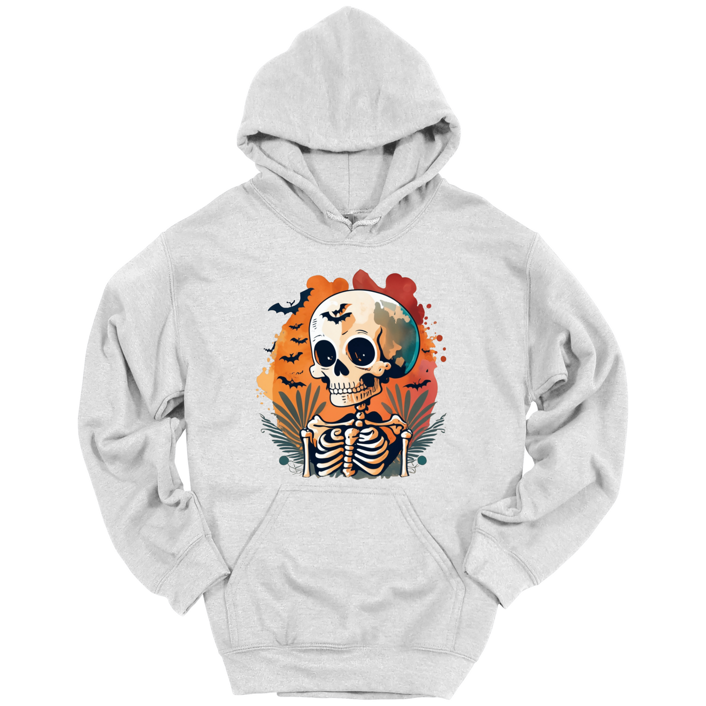 Gray hoodie with a Halloween-themed design featuring a skull and skeleton surrounded with bats.
