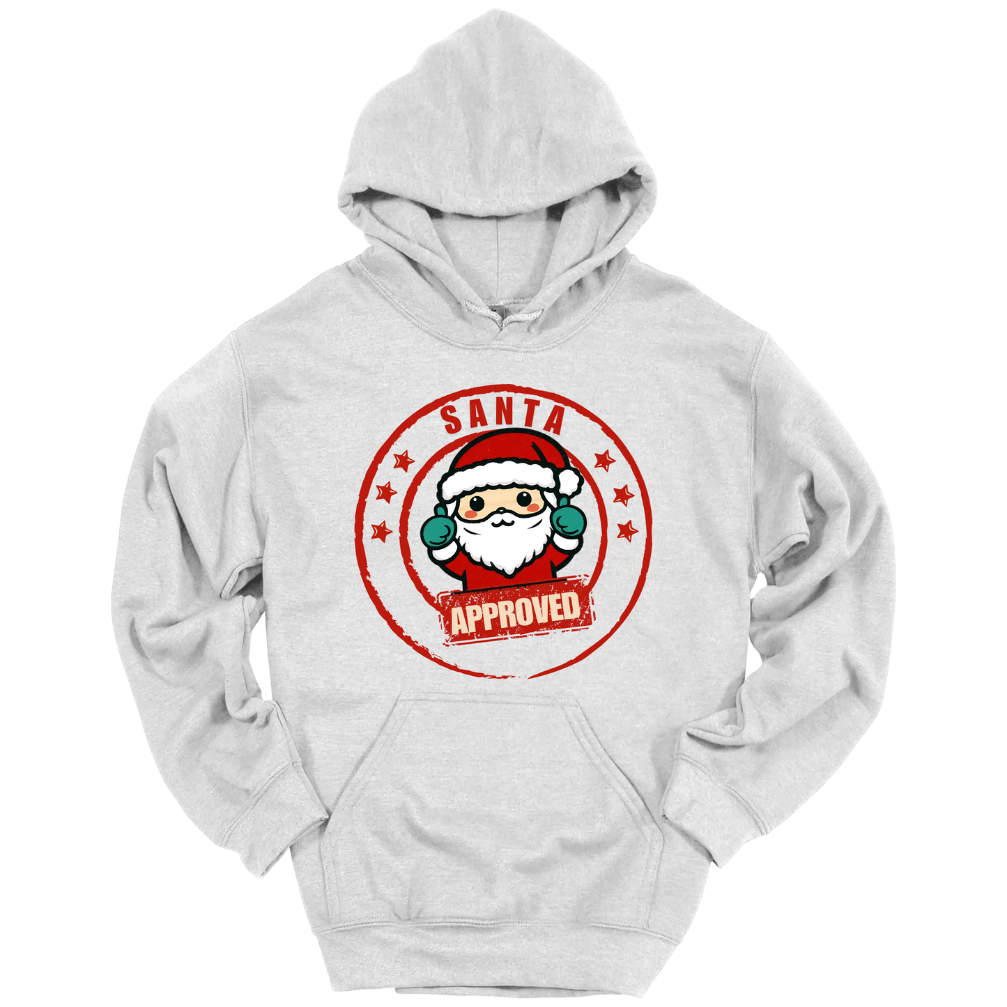 Gray Christmas hoodie with a Santa Claus graphic and 'Approved' text.