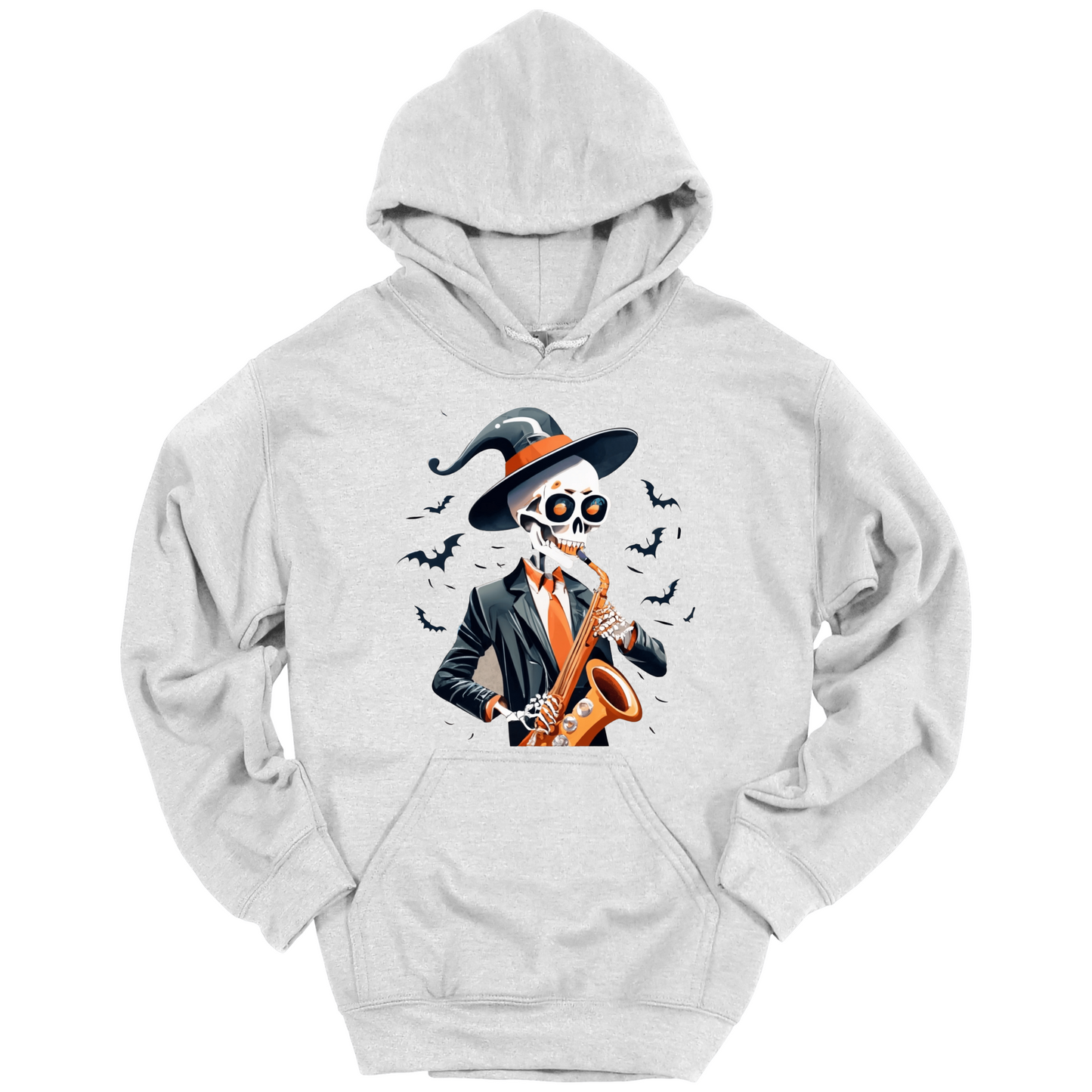Gray halloween hoodie with a skeleton playing a saxophone and wearing a witch hat, surrounded by bats.