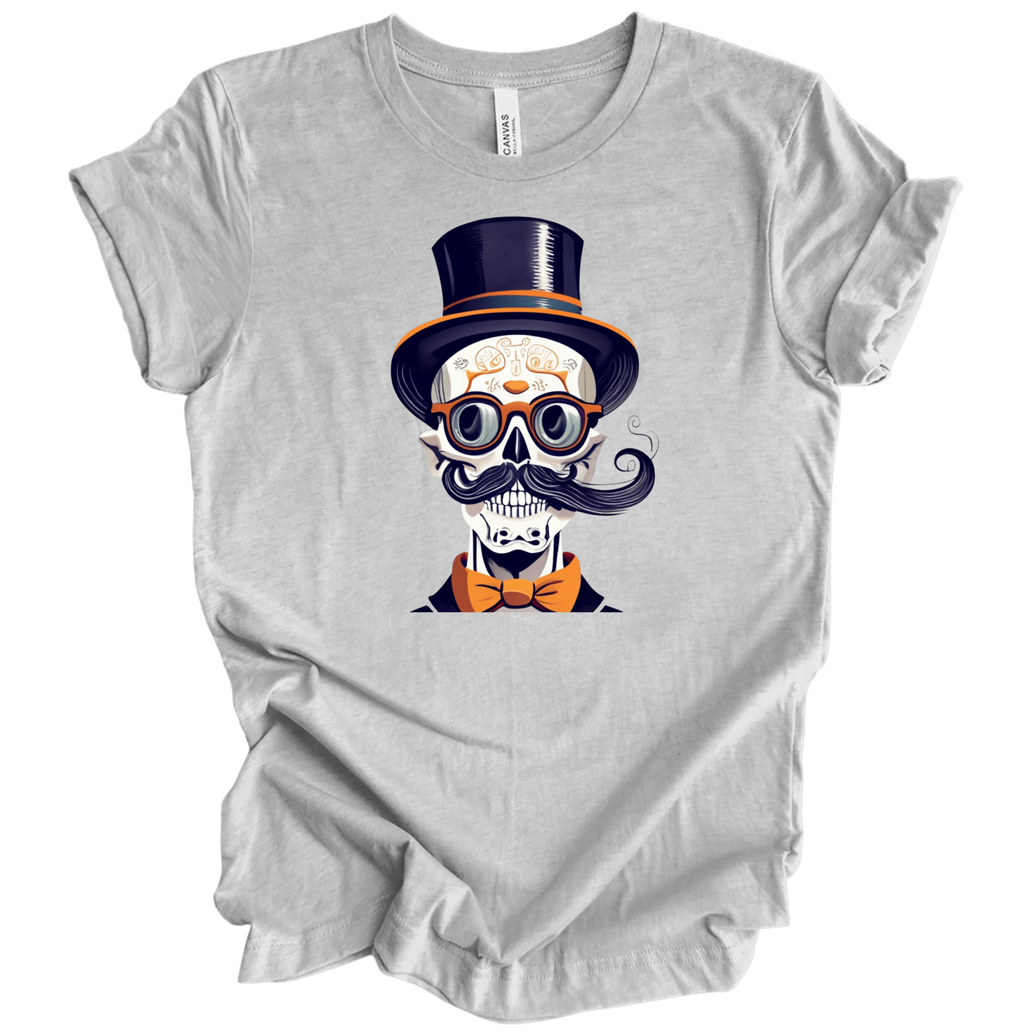 Gray halloween t-shirt with a skull wearing a top hat, glasses, and bow tie.