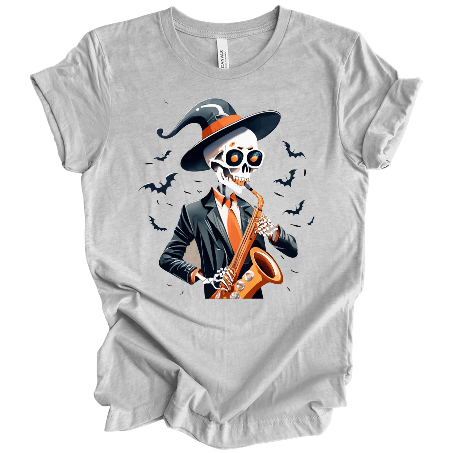 Gray halloween t-shirt with a skeleton playing a saxophone and wearing a witch hat, surrounded by bats.