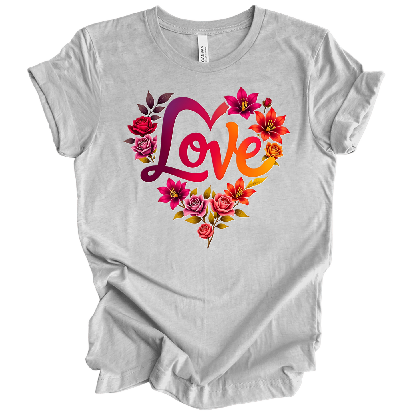 Athletic Heather valentines day t-shirt with the a design of 'Love' wording and surrounded floral design, front printed.