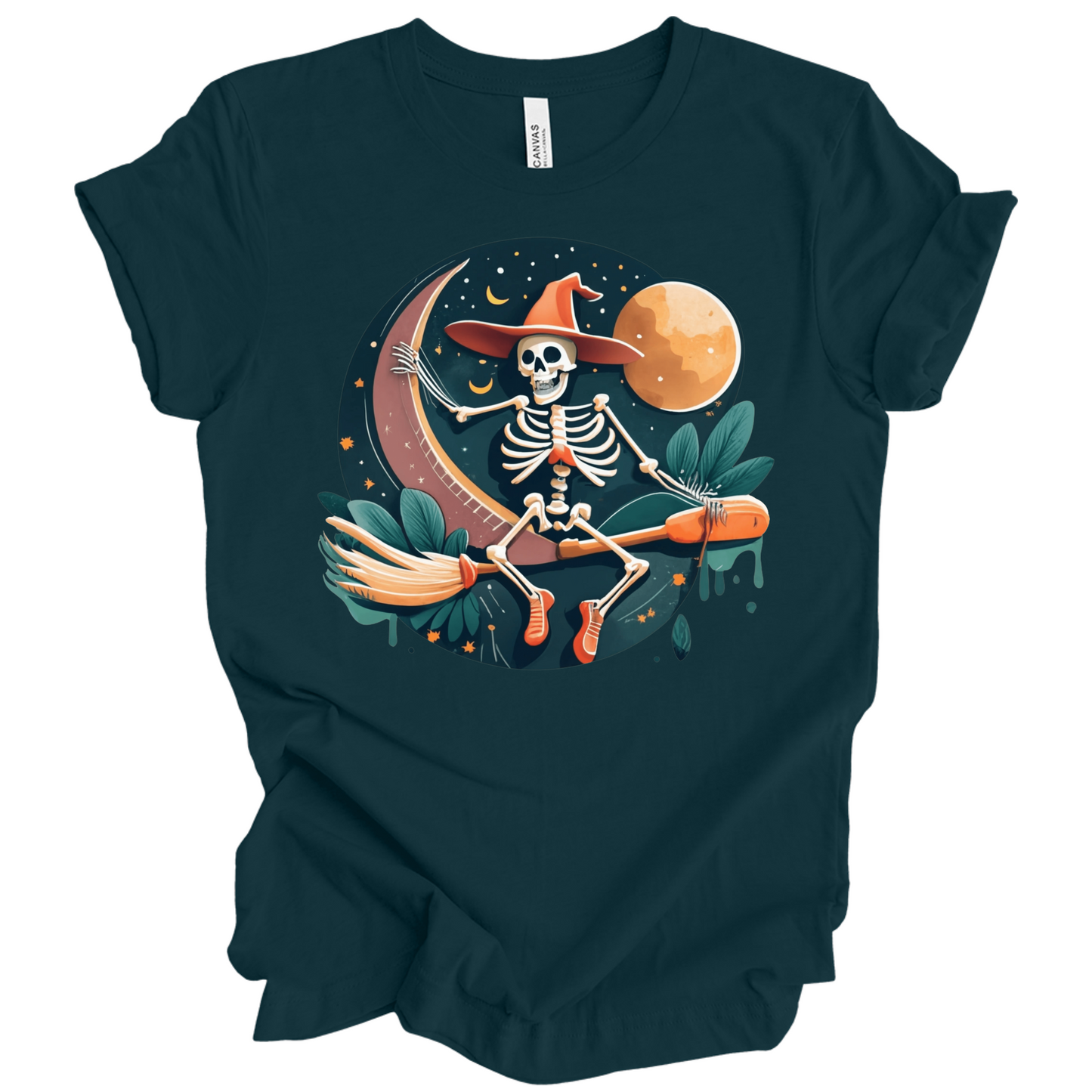Dark green halloween t-shirt with a skeleton on a broomstick wearing a witch hat in the night time.