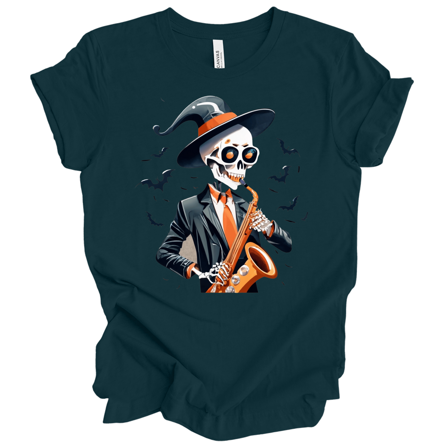 Dark Green halloween t-shirt with a skeleton playing a saxophone and wearing a witch hat, surrounded by bats.