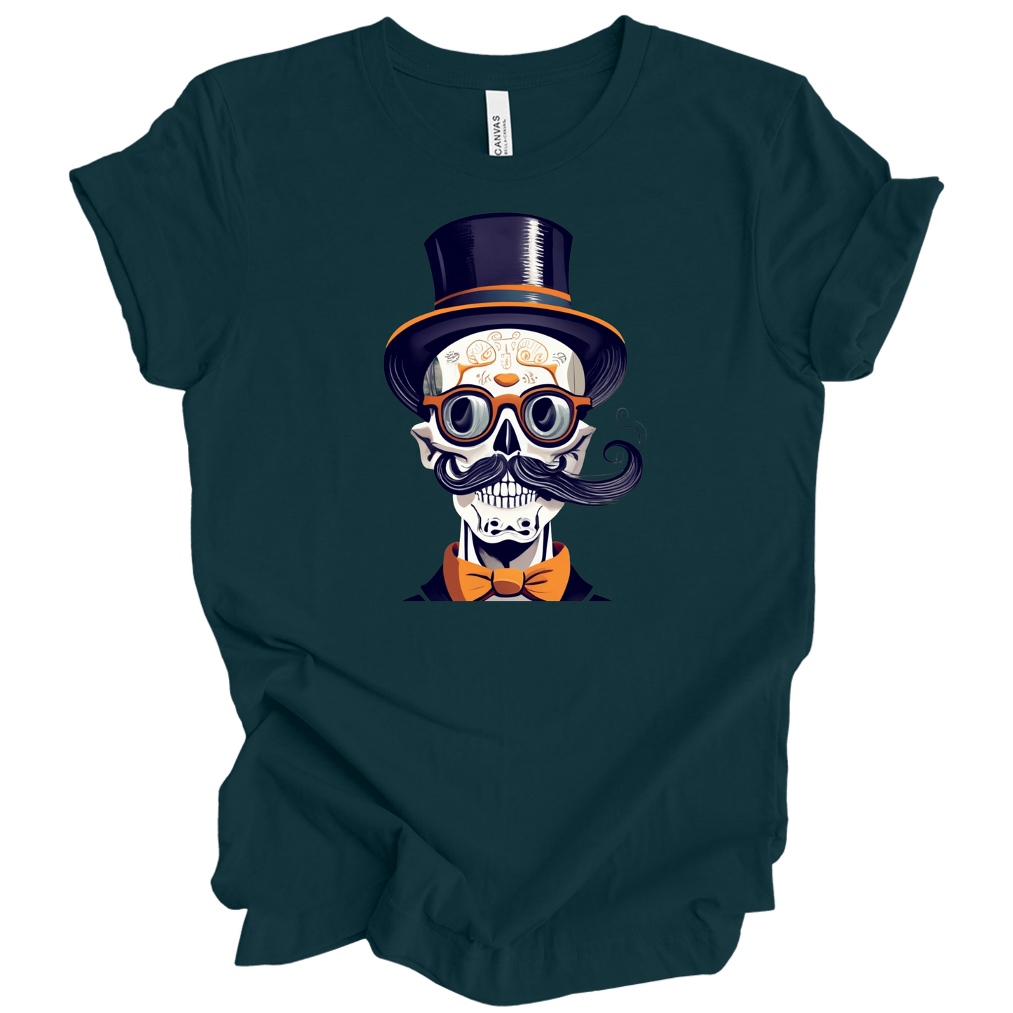 Dark green halloween t-shirt with a skull wearing a top hat, glasses, and bow tie.