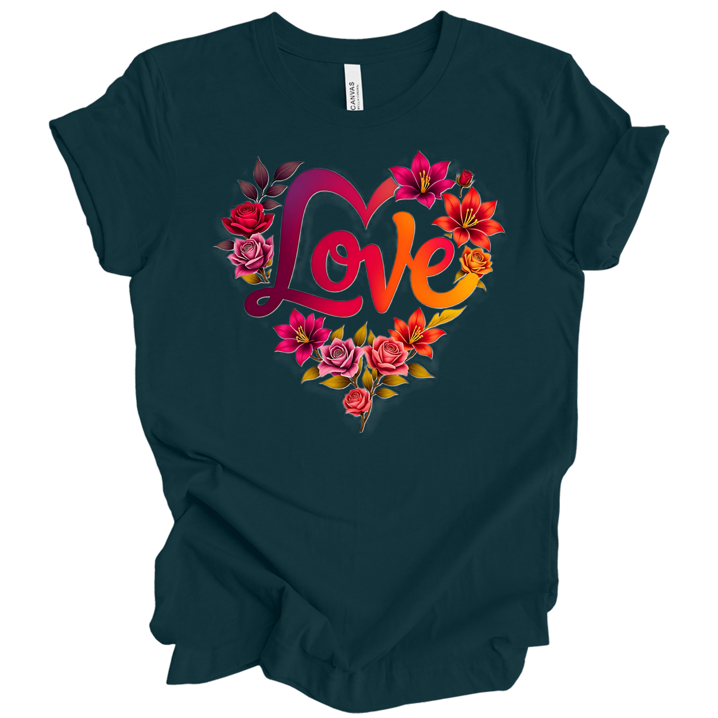 Atlantic colour valentines day t-shirt with the a design of 'Love' wording and surrounded floral design, front printed.