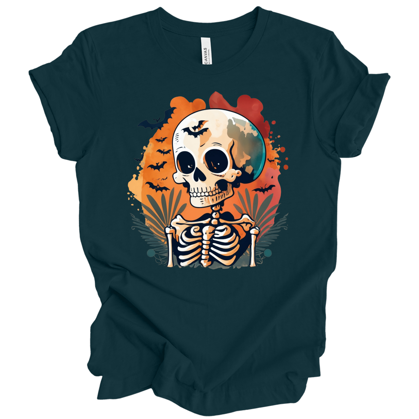 Navy blue t-shirt with a Halloween-themed design featuring a skeleton and skull surrounded with bats.