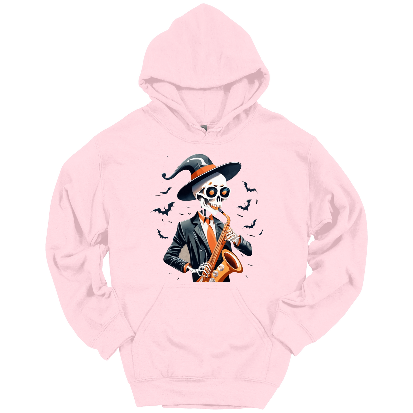 Pink halloween hoodie with a skeleton playing a saxophone and wearing a witch hat, surrounded by bats.