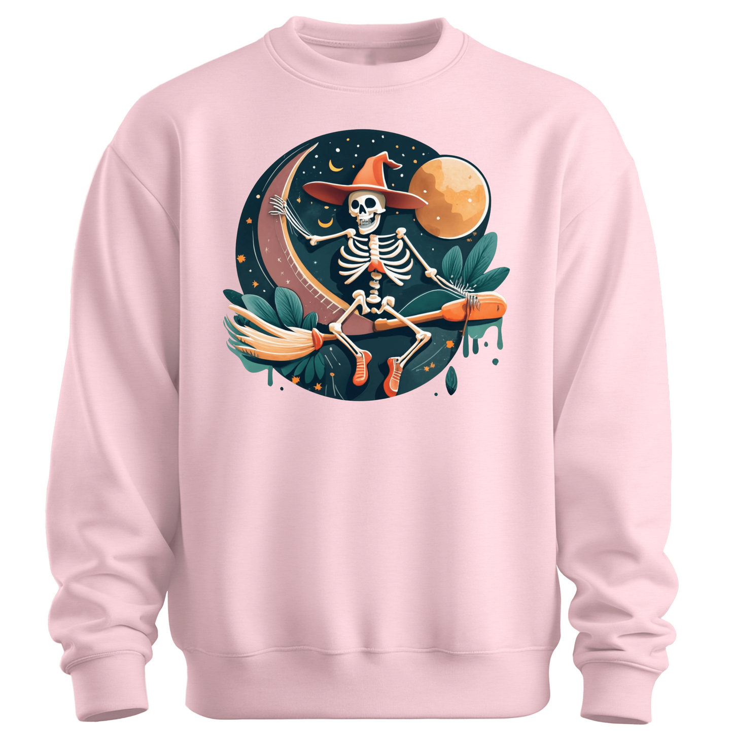 Pink halloween sweatshirt with a skeleton on a broomstick wearing a witch hat in the night time.