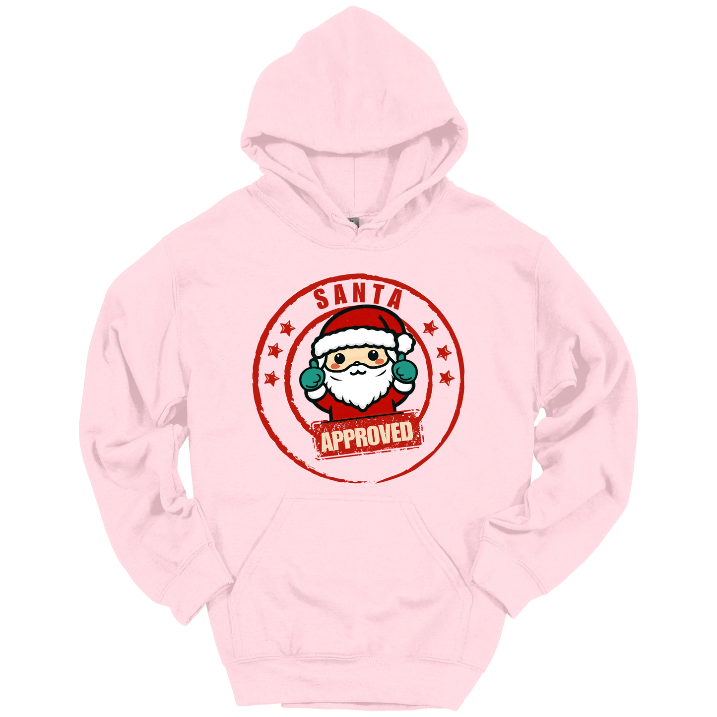 Pink Christmas hoodie with a Santa Claus graphic and 'Approved' text.