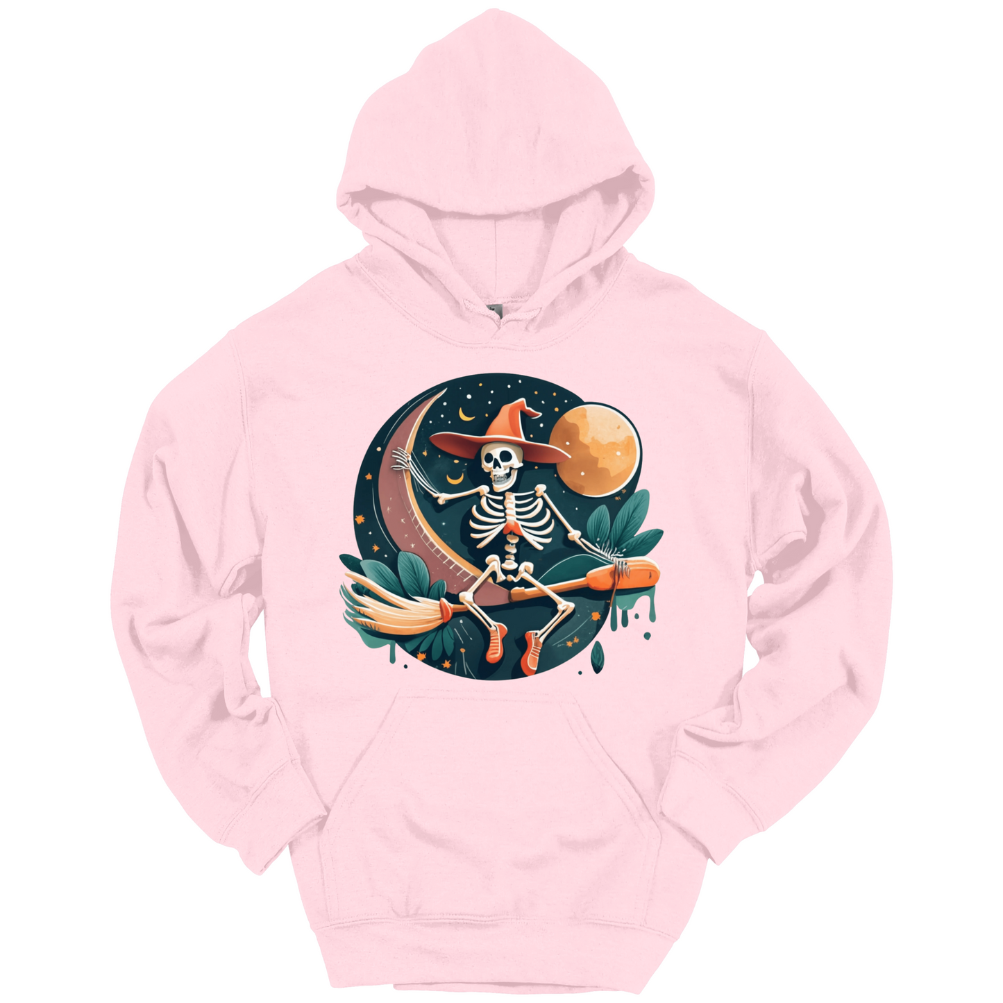 Pink halloween hoodie with a skeleton on a broomstick wearing a witch hat in the night time.