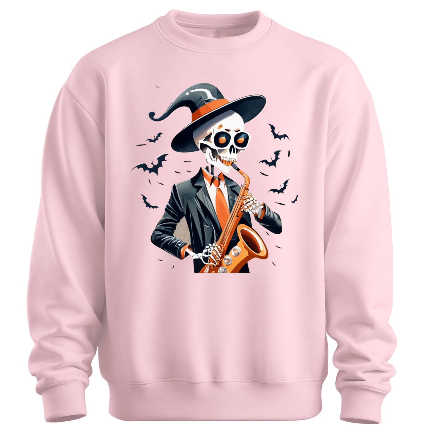 Pink halloween sweatshirt with a skeleton playing a saxophone and wearing a witch hat, surrounded by bats.