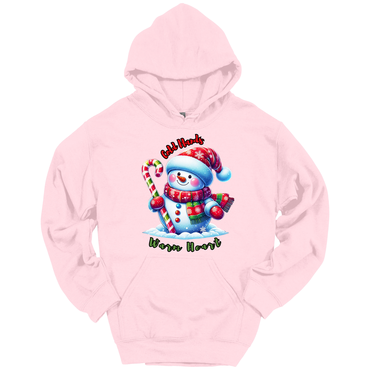 Pink Christmas hoodie with a snowman graphic with a text "Cold Hands Warm Hearts"