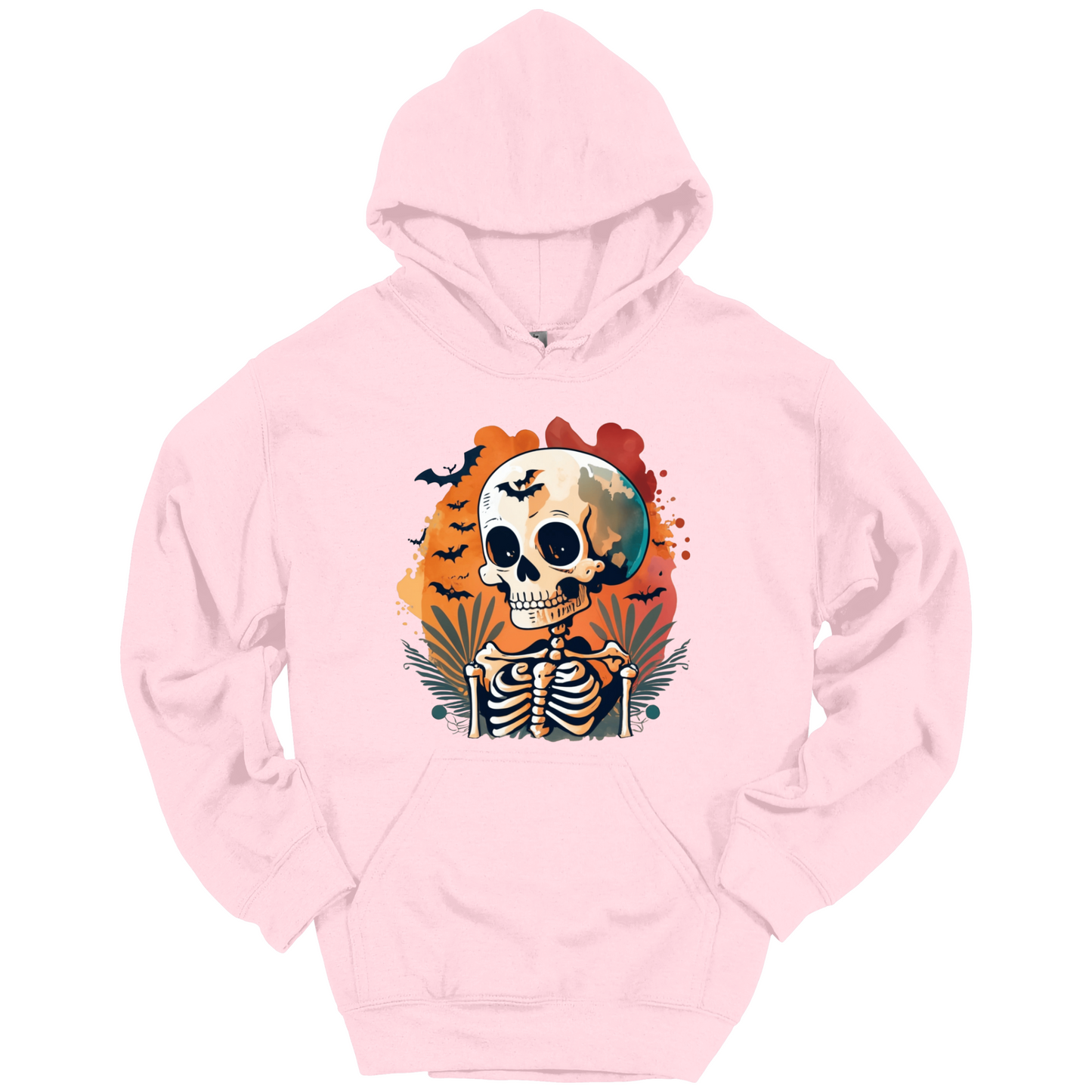 Pink hoodie with a Halloween-themed design featuring a skull and skeleton surrounded with bats.