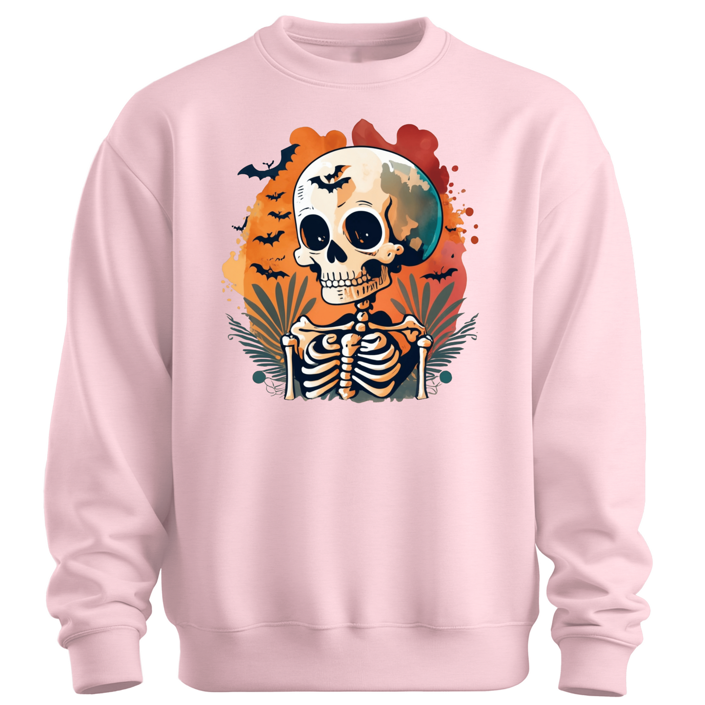 Pink sweatshirt with a Halloween-themed design featuring a skeleton and skull surrounded with bats.