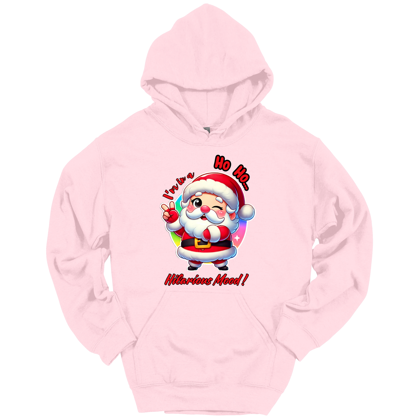 Pink Christmas hoodie with a cartoon Santa Claus design