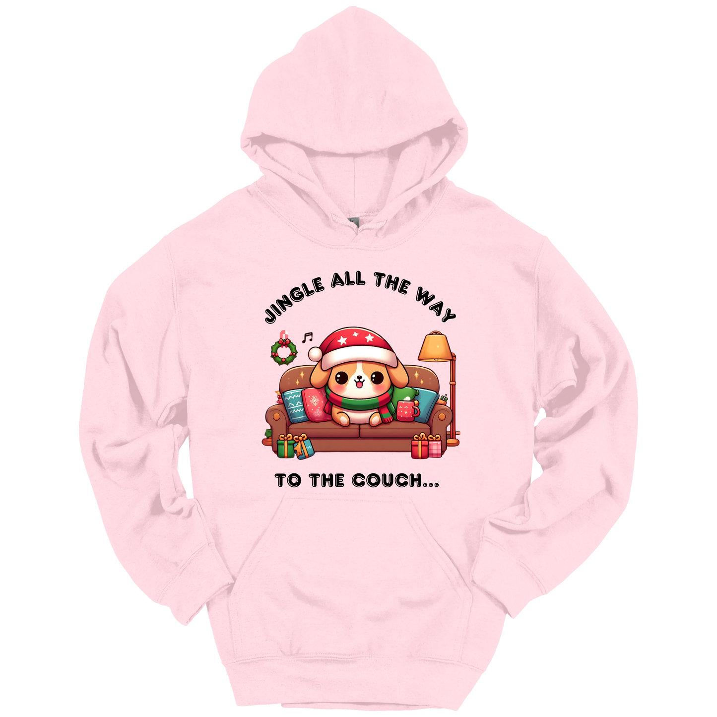 Pink hoodie with Christmas-themed design of a dog on a couch and text 'Jingle all the way to the couch'.