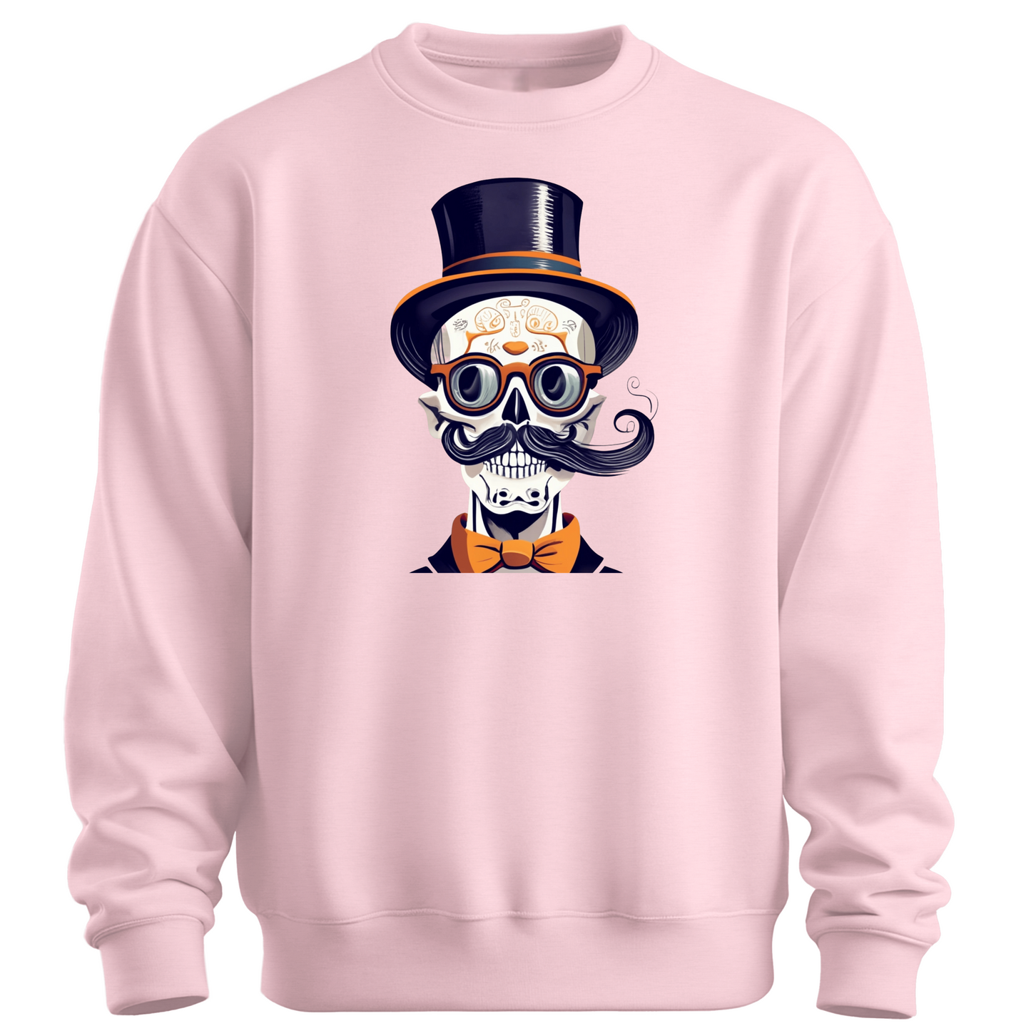 Pink halloween sweatshirt with a skull wearing a top hat, glasses and a bow tie.