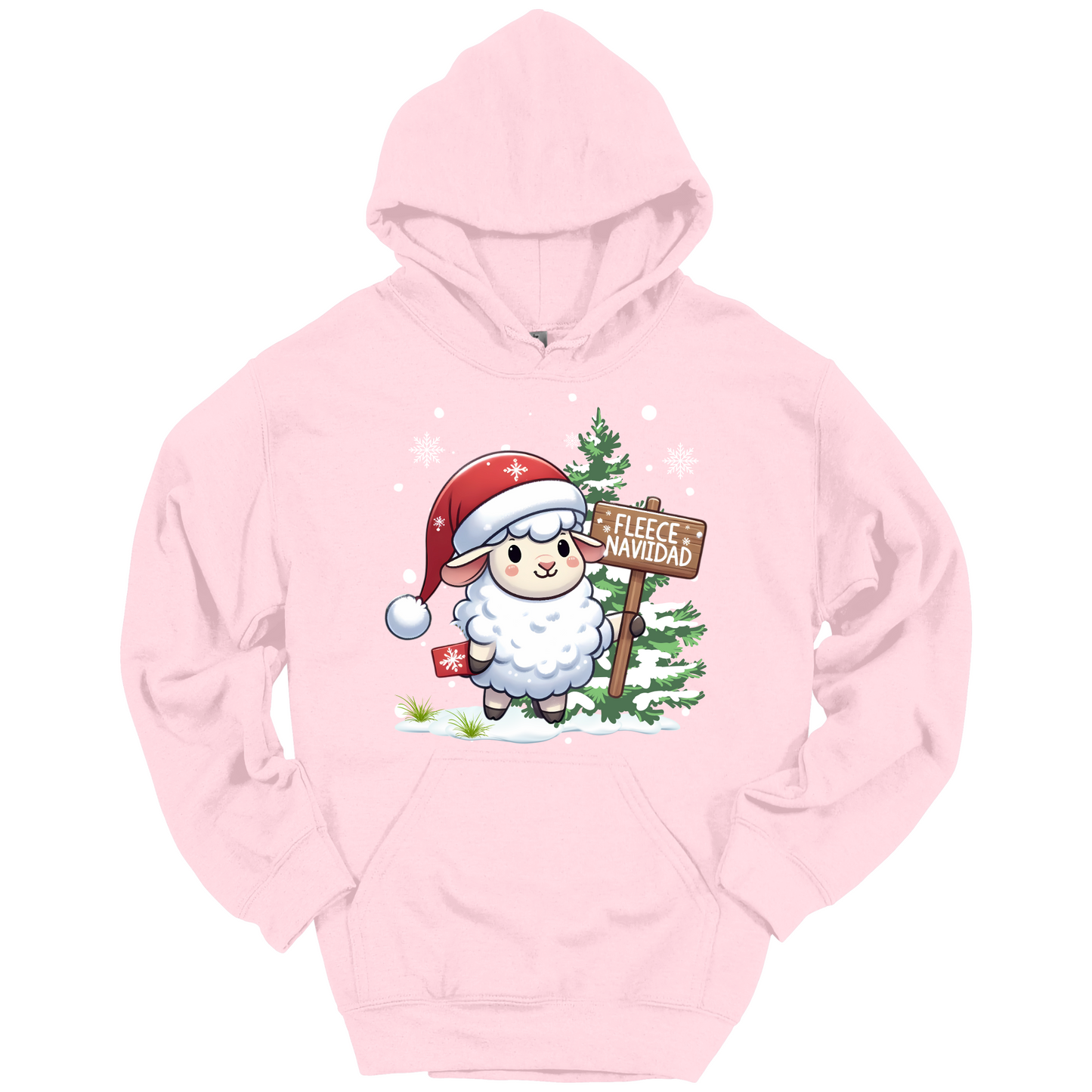 Pink Christmas hoodie with a Christmas-themed design featuring a sheep in a Santa hat and a sign.