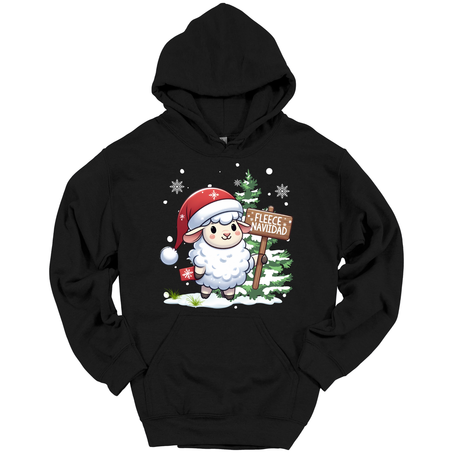 Black Christmas hoodie with a Christmas-themed design featuring a sheep in a Santa hat and a sign.