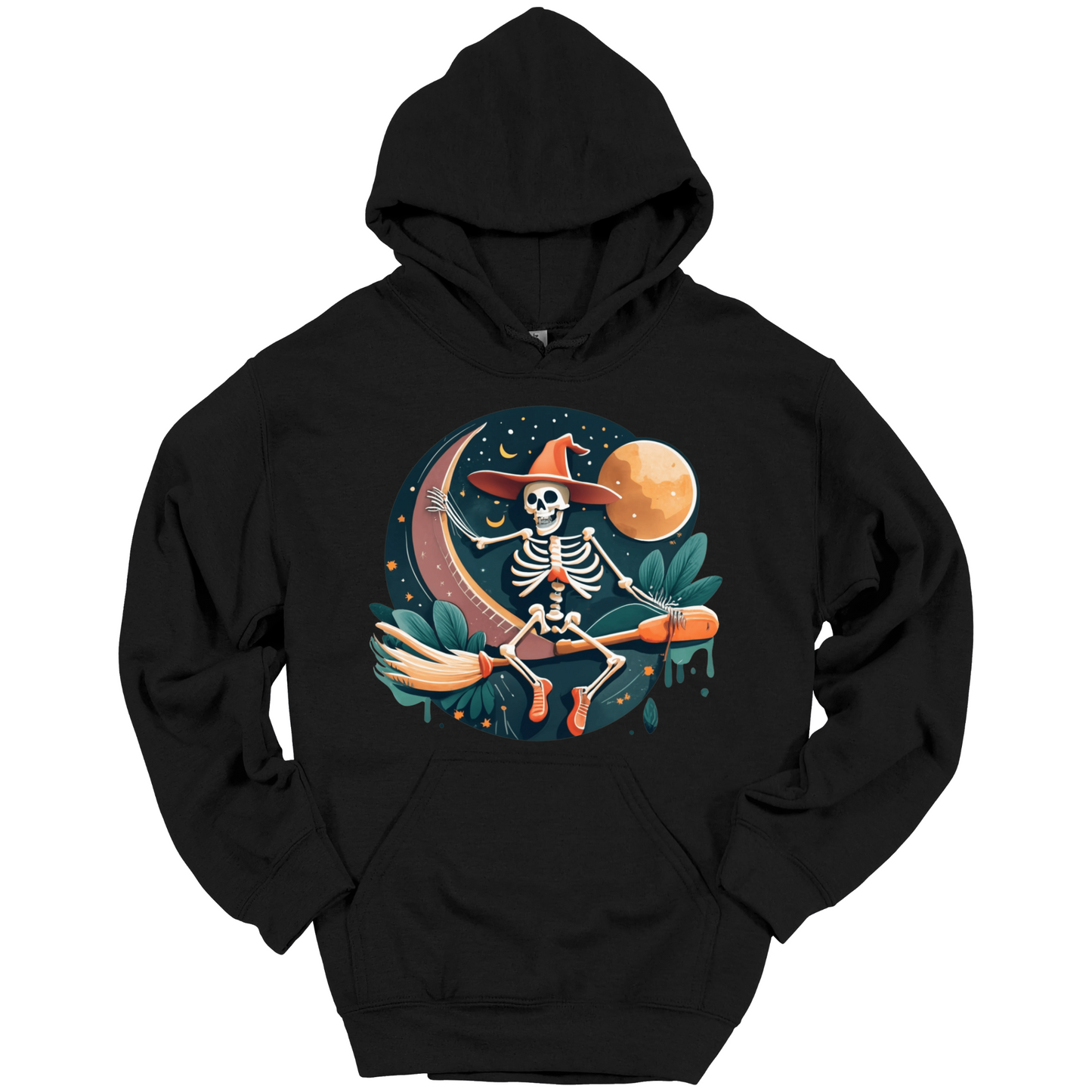 Black halloween hoodie with a skeleton on a broomstick wearing a witch hat in the night time.