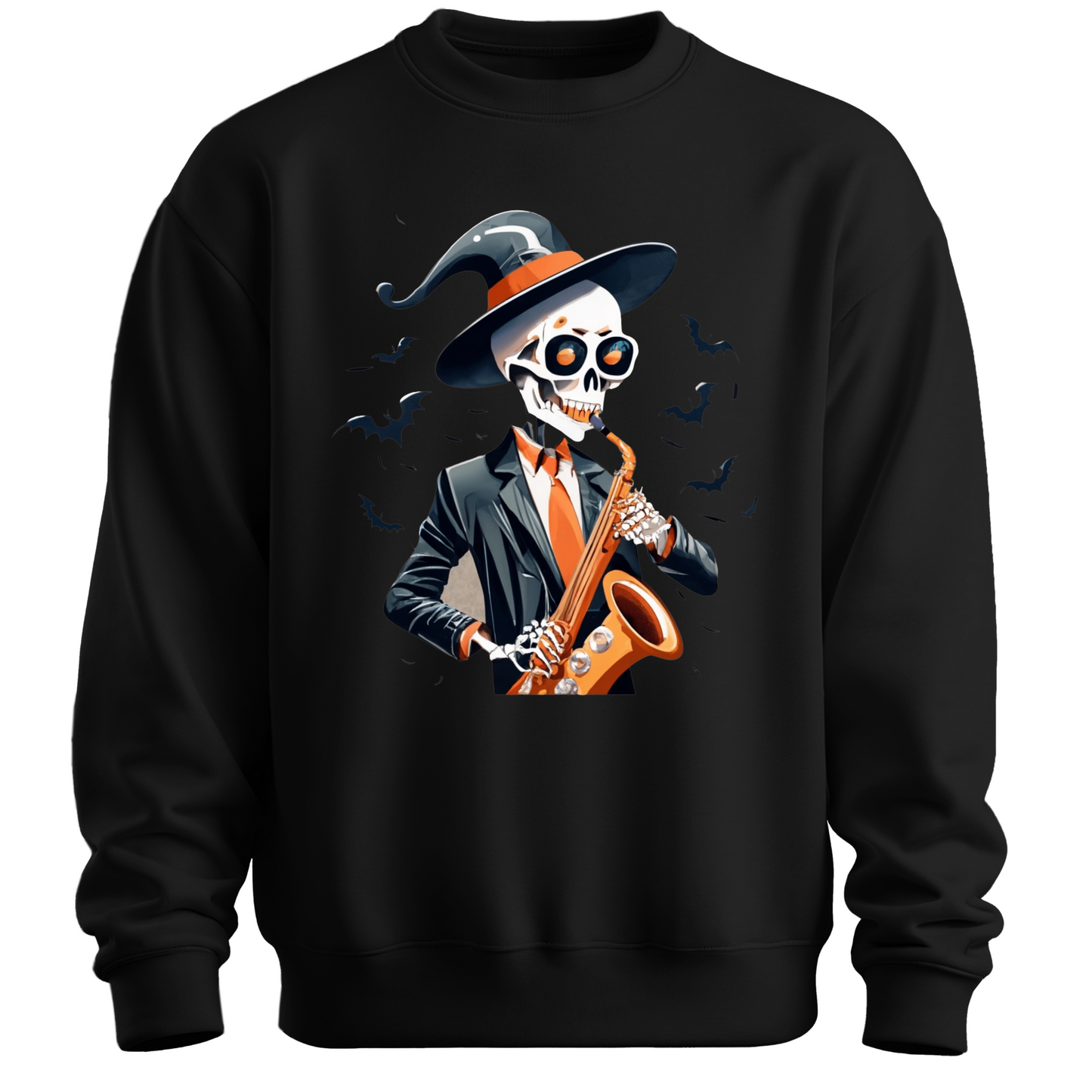Black halloween sweatshirt with a skeleton playing a saxophone and wearing a witch hat, surrounded by bats.