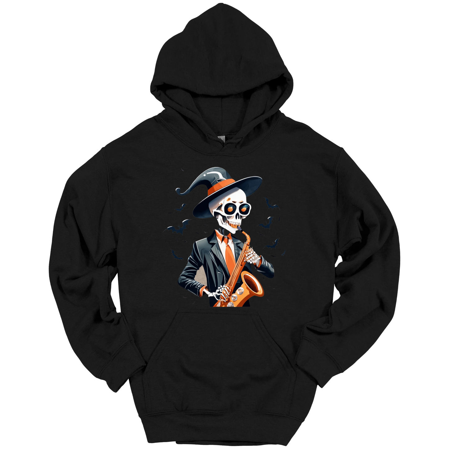Black halloween hoodie with a skeleton playing a saxophone and wearing a witch hat, surrounded by bats.