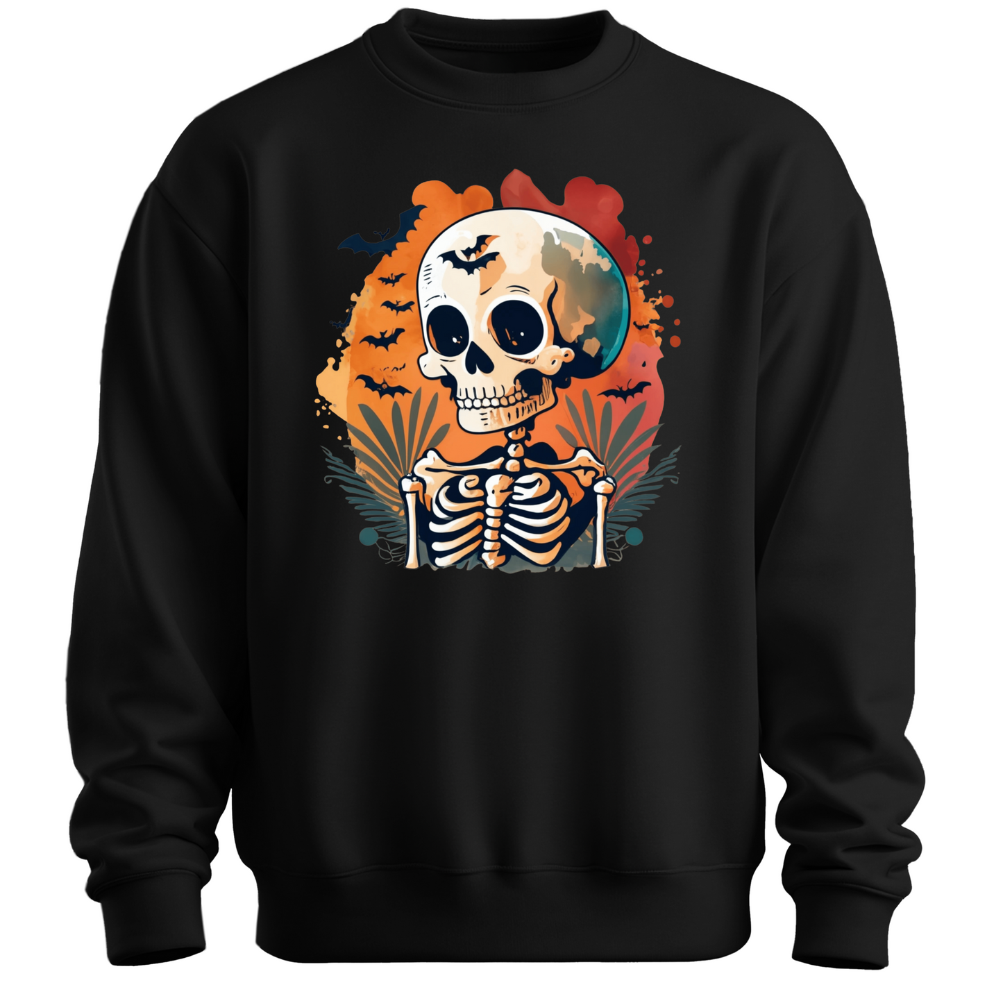 Black sweatshirt with a Halloween-themed design featuring a skeleton and skull surrounded with bats.