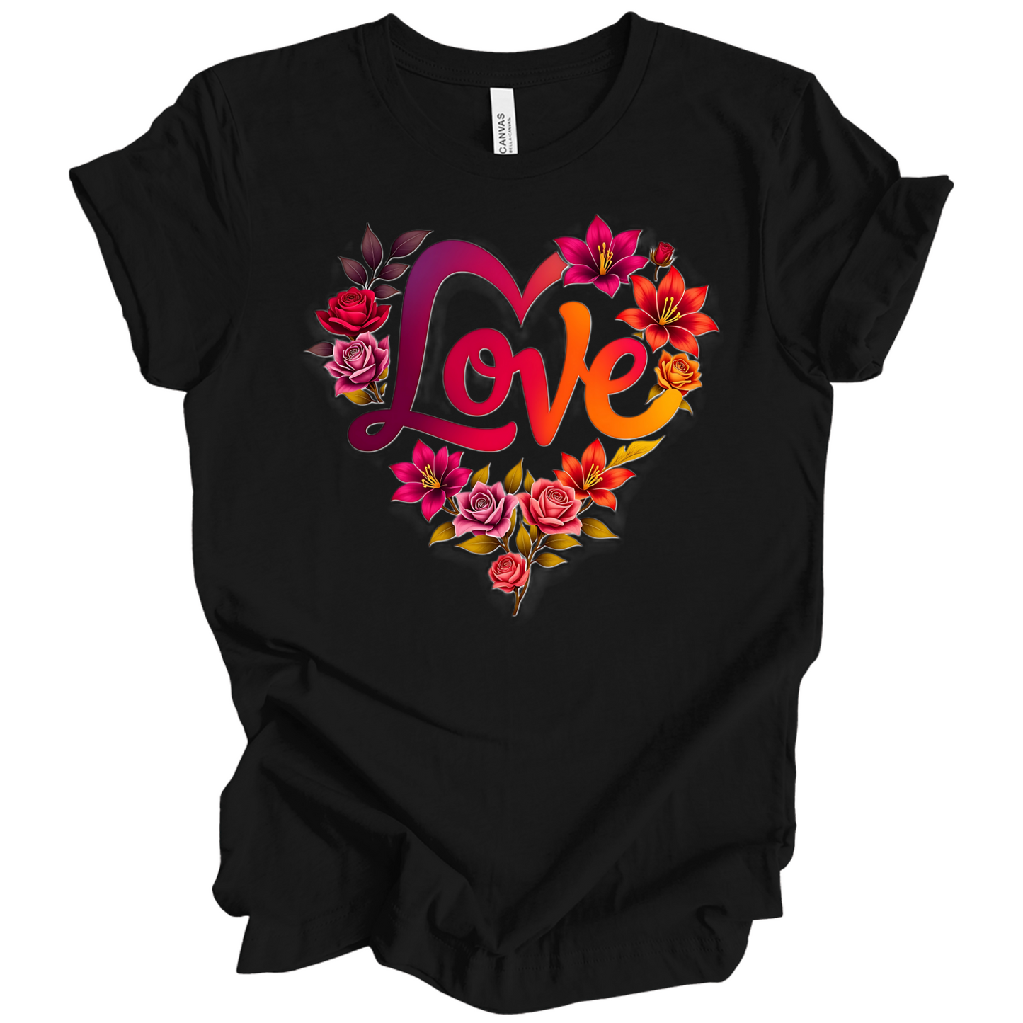 Black colour valentines day t-shirt with the a design of 'Love' wording and surrounded floral design, front printed.