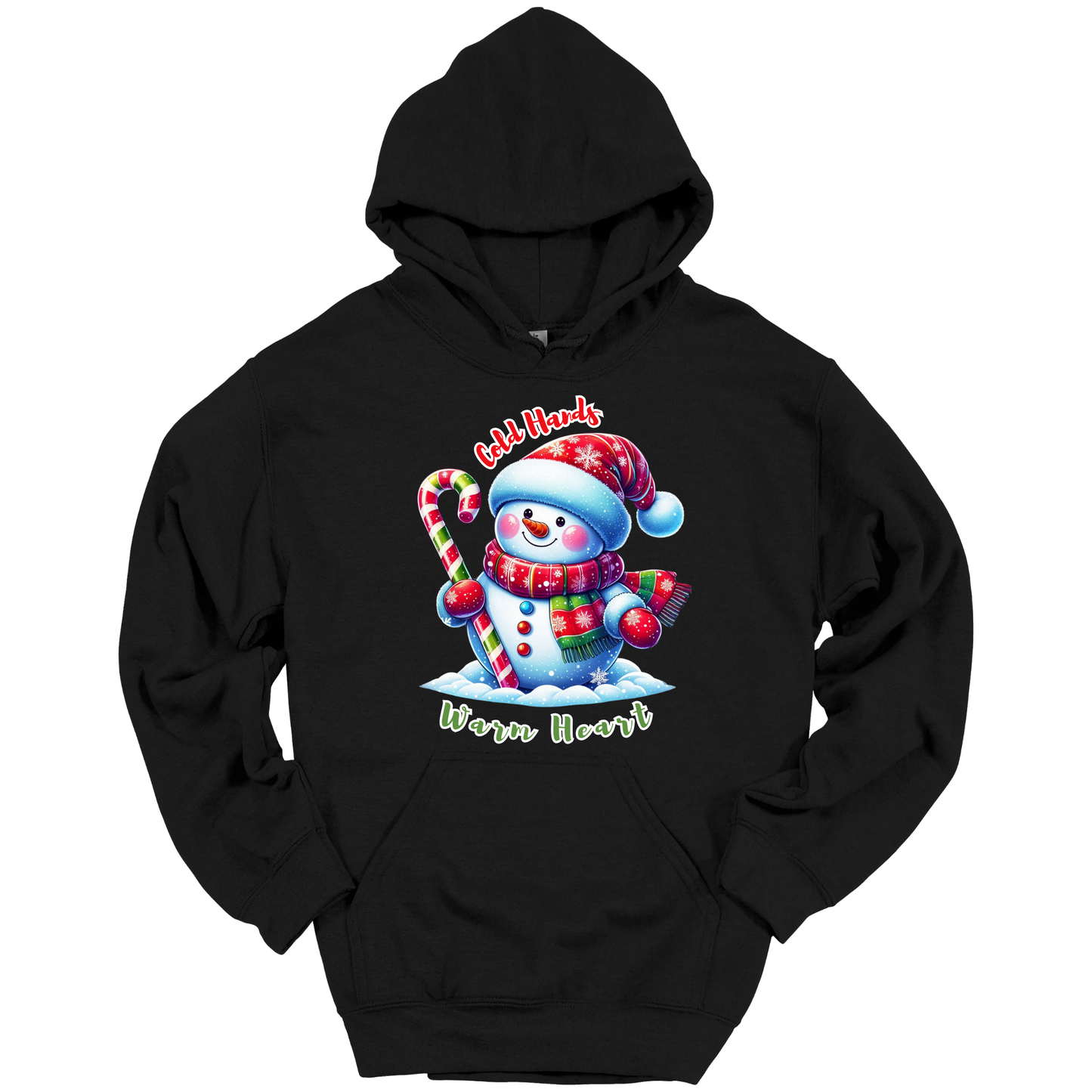 Black Christmas hoodie with a snowman graphic with a text "Cold Hands Warm Hearts"