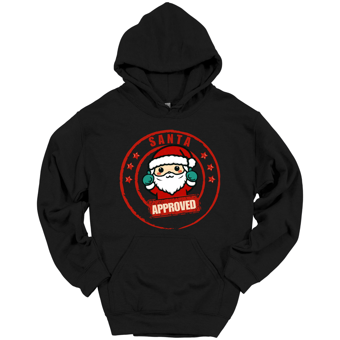 Black Christmas hoodie with a Santa Claus graphic and 'Approved' text.