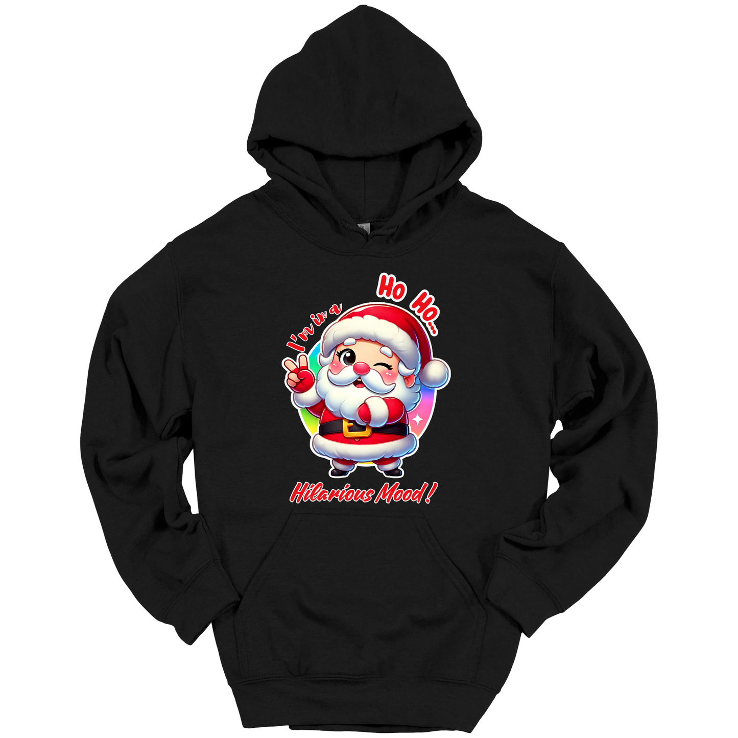Black Christmas hoodie with a cartoon Santa Claus design