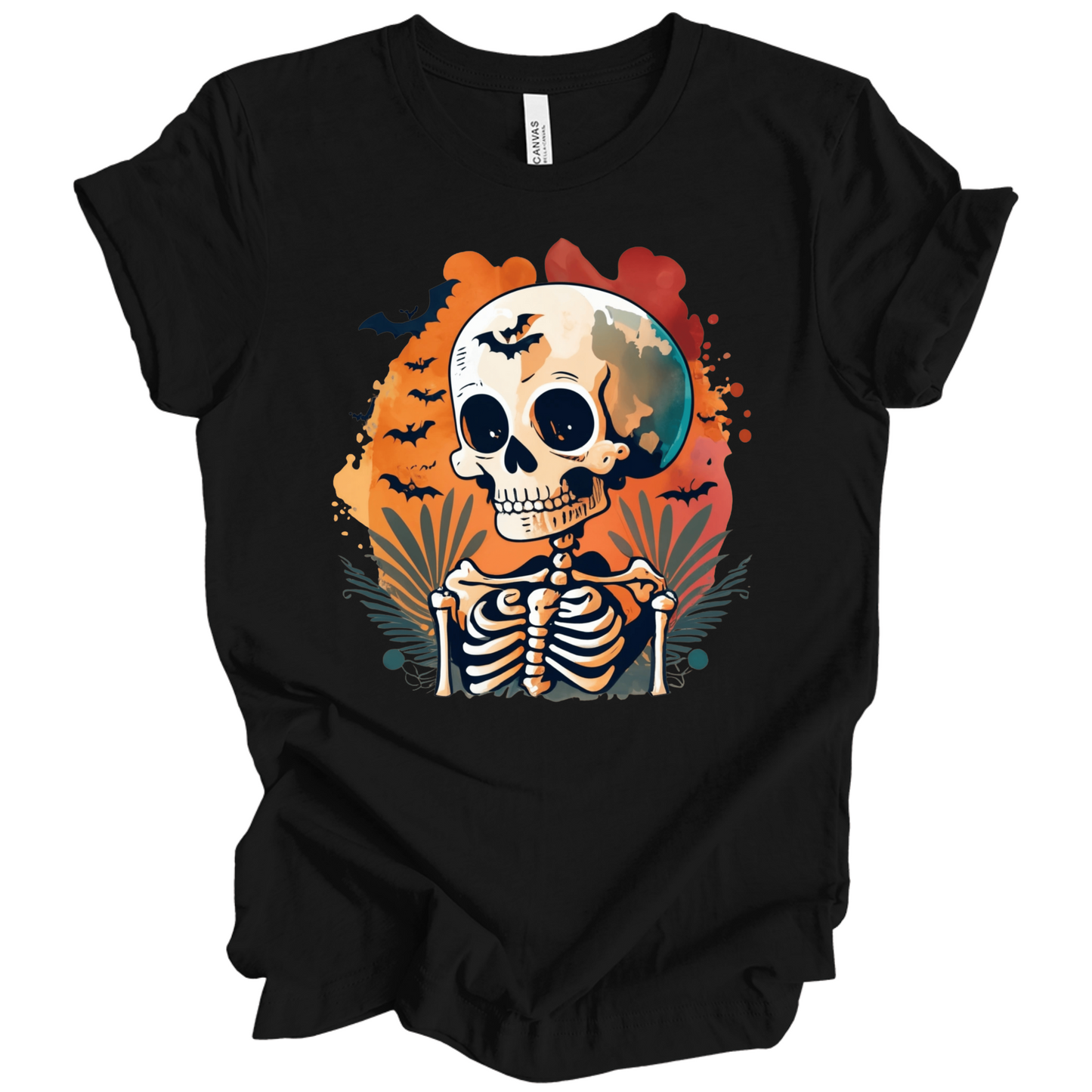 Black t-shirt with a Halloween-themed design featuring a skeleton and skull surrounded with bats.