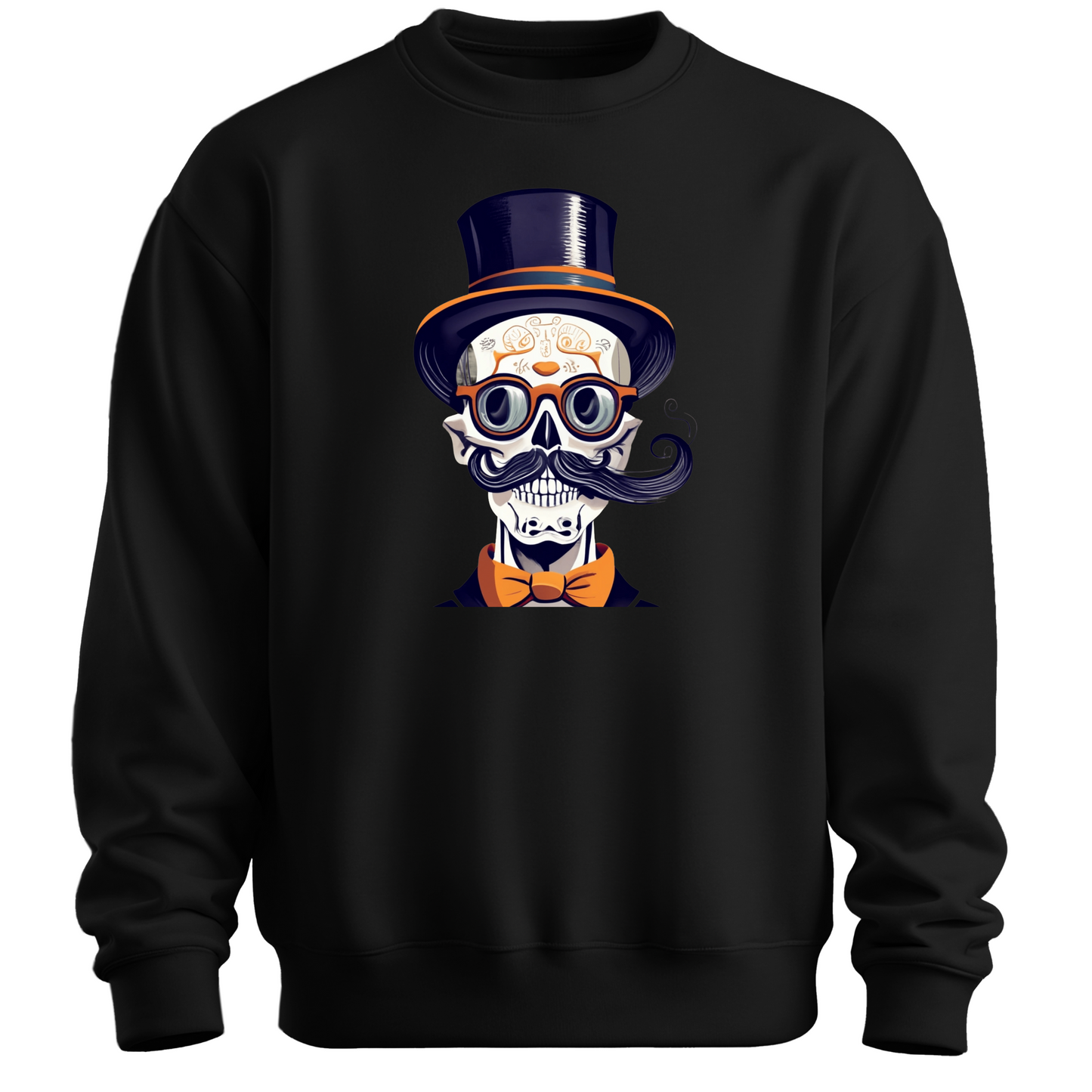 Black halloween sweatshirt with a skull wearing a top hat, glasses and a bow tie.