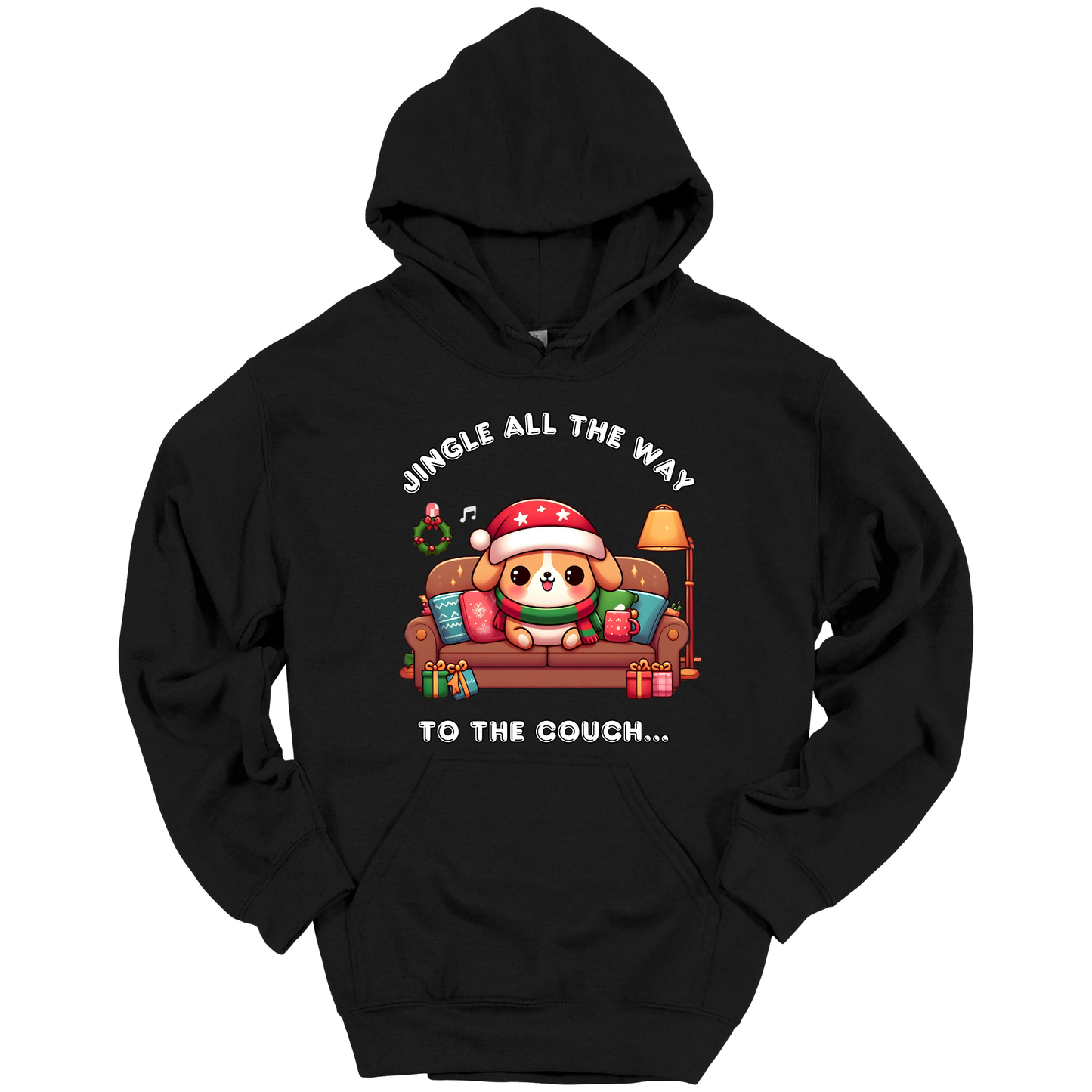 Black hoodie with Christmas-themed design of a dog on a couch and text 'Jingle all the way to the couch'.