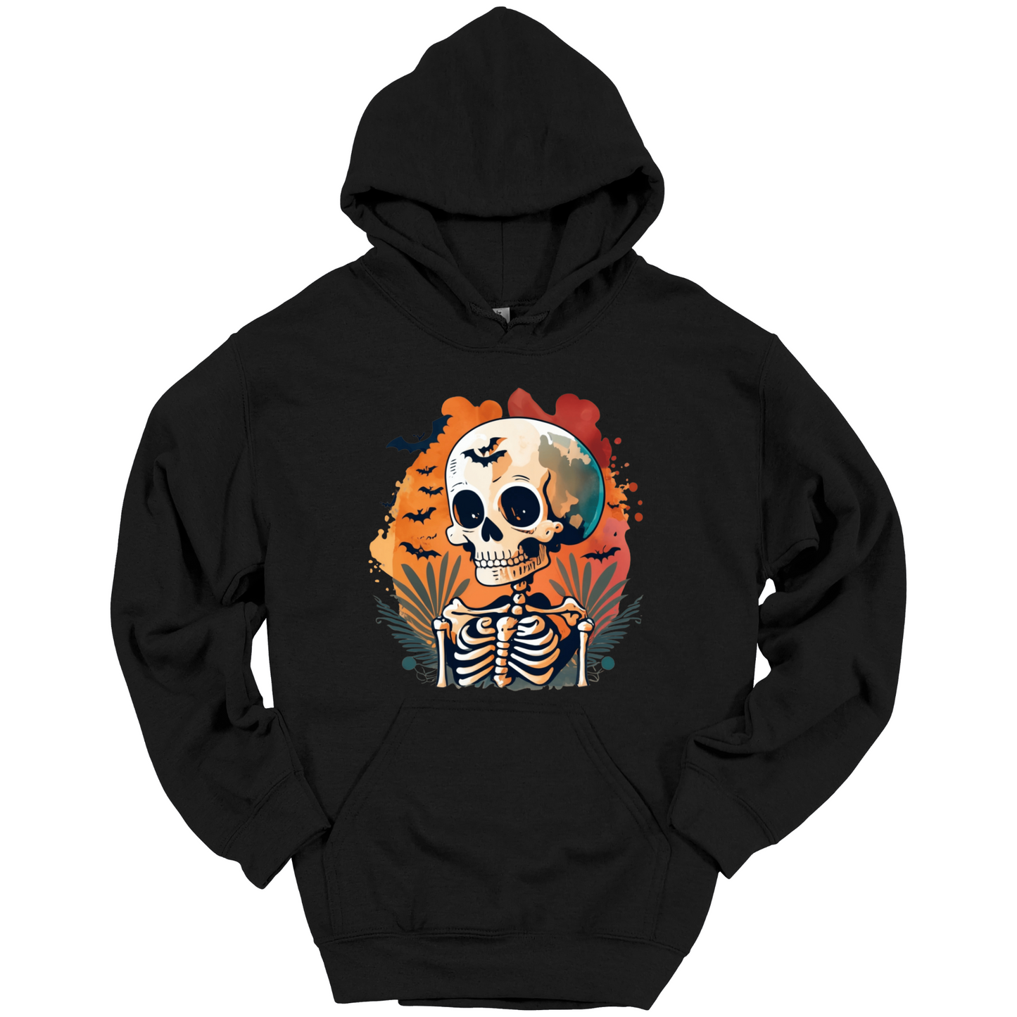 Black hoodie with a Halloween-themed design featuring a skull and skeleton surrounded with bats.