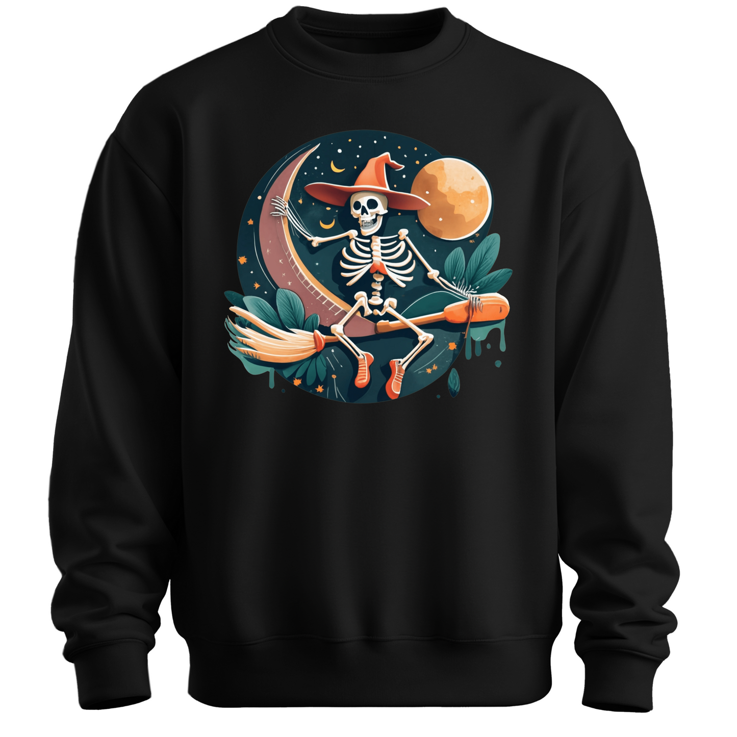 Black halloween sweatshirt with a skeleton on a broomstick wearing a witch hat in the night time.