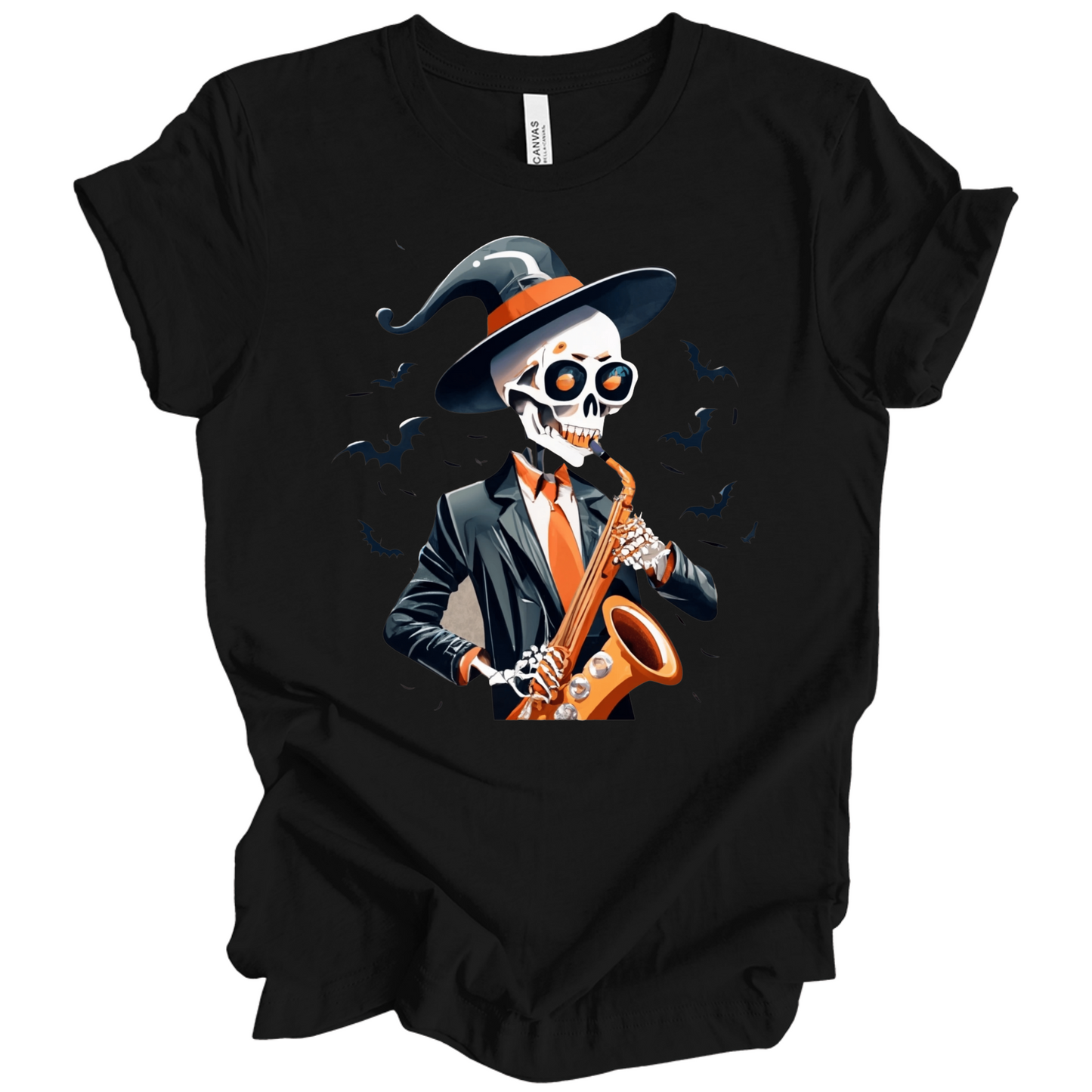 Black halloween t-shirt with a skeleton playing a saxophone and wearing a witch hat, surrounded by bats.