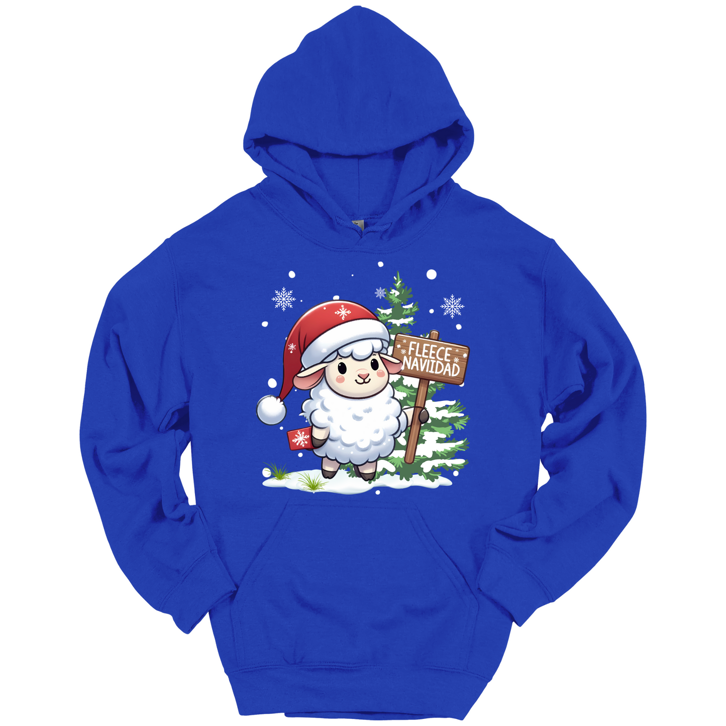 Blue Christmas hoodie with a Christmas-themed design featuring a sheep in a Santa hat and a sign.