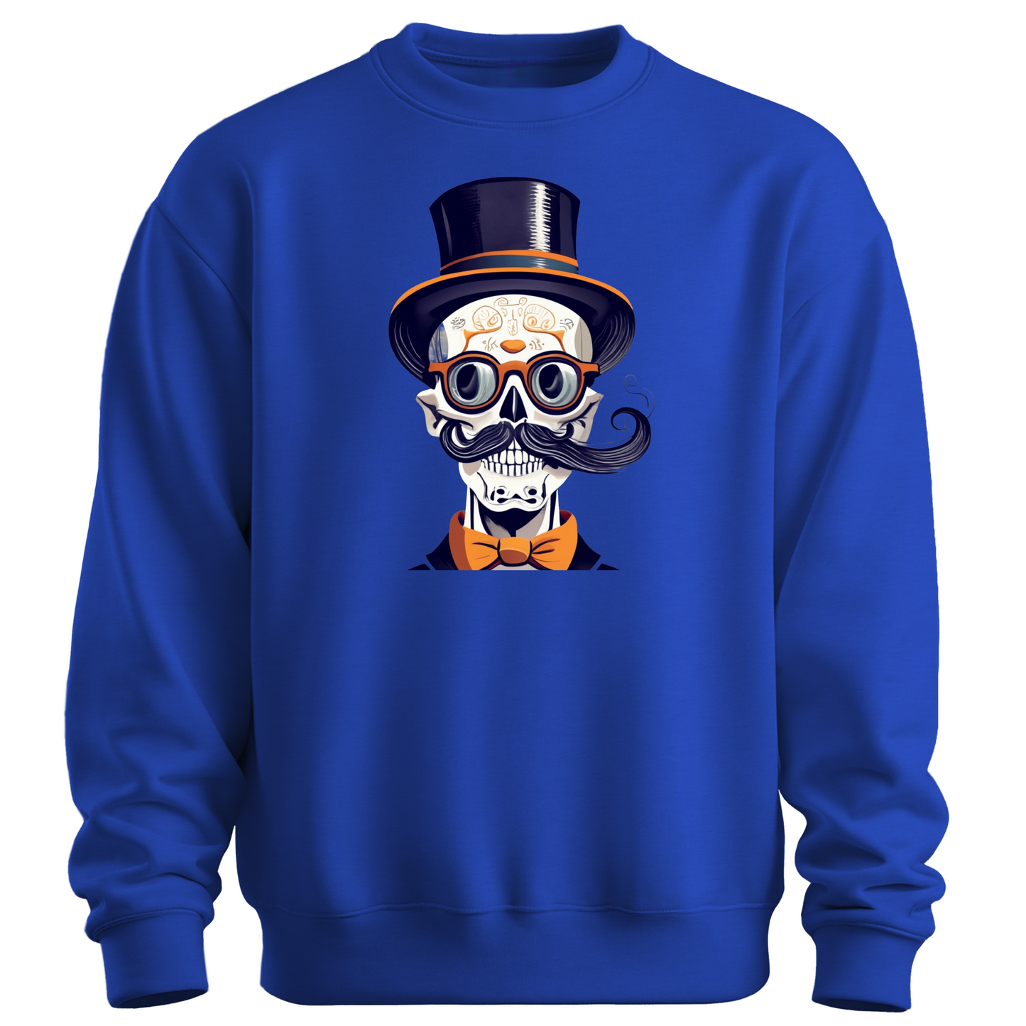 Blue halloween sweatshirt with a skull wearing a top hat, glasses and a bow tie.