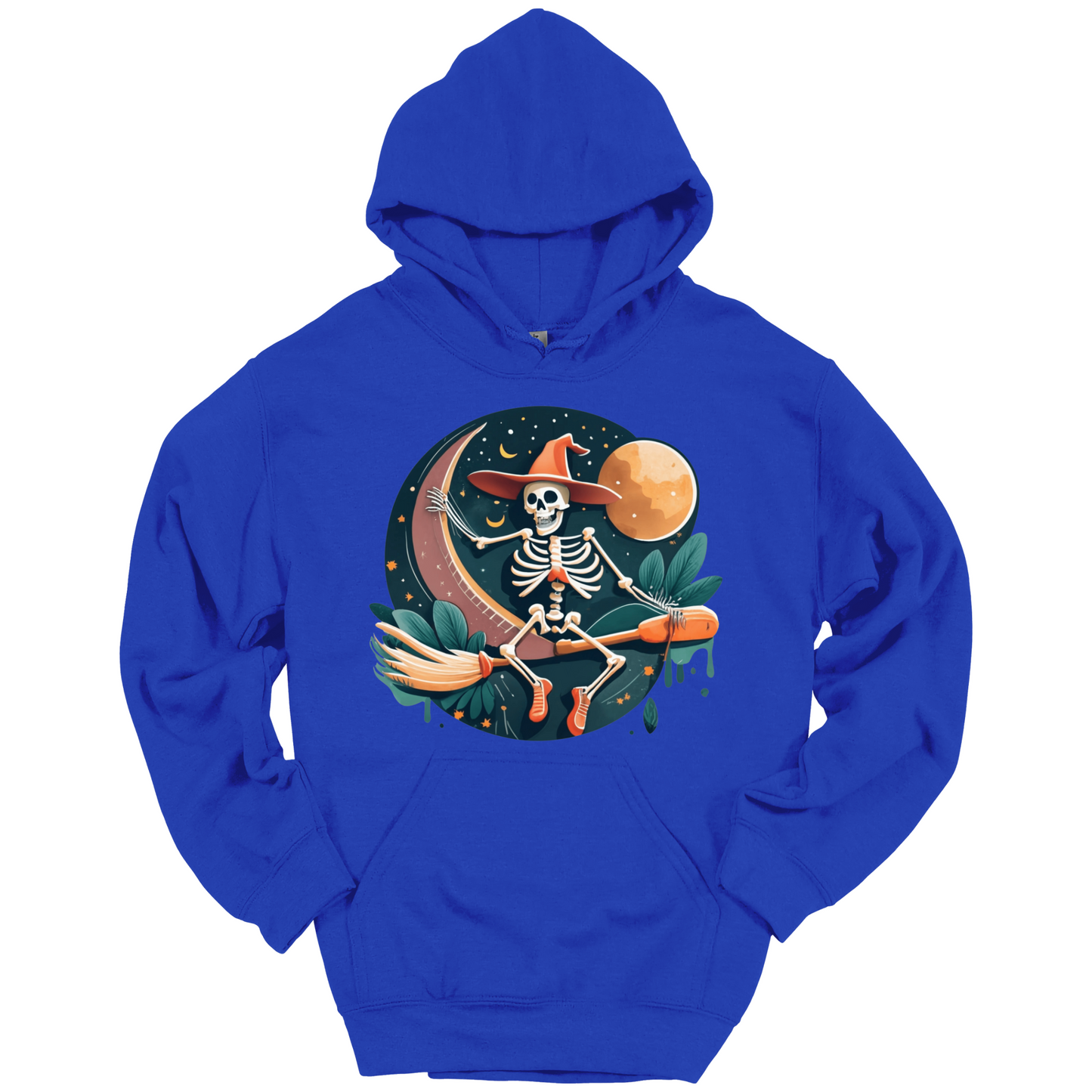 Blue halloween hoodie with a skeleton on a broomstick wearing a witch hat in the night time.